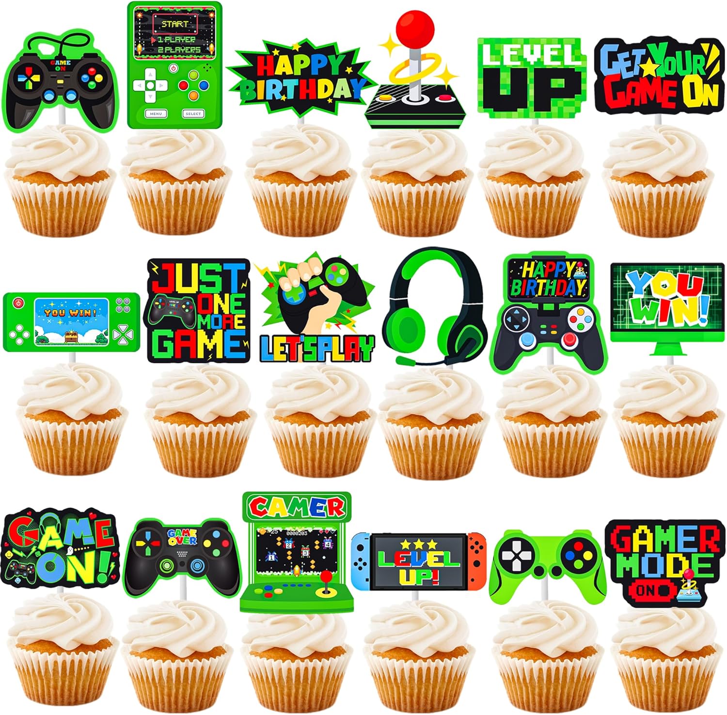 36 piezas de decoración de cupcakes para fiesta de videojuegos, consola de juegos, decoración de fiesta de cumpleaños, decoración de pastel para