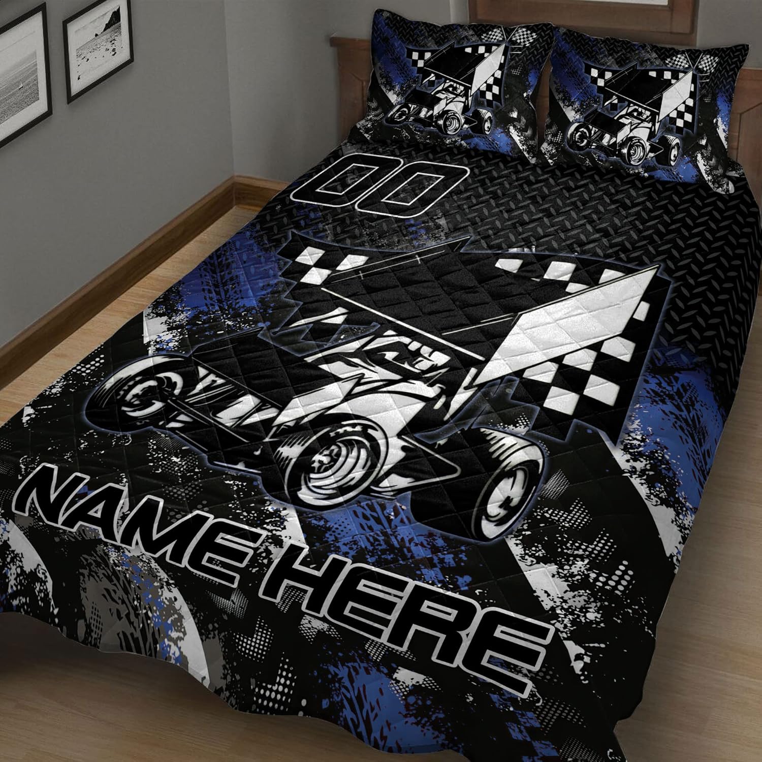 OhaPrints Juego de cama personalizado de carreras, manta y fundas de almohada con bandera de carreras de tierra y fundas de almohada, nombre y