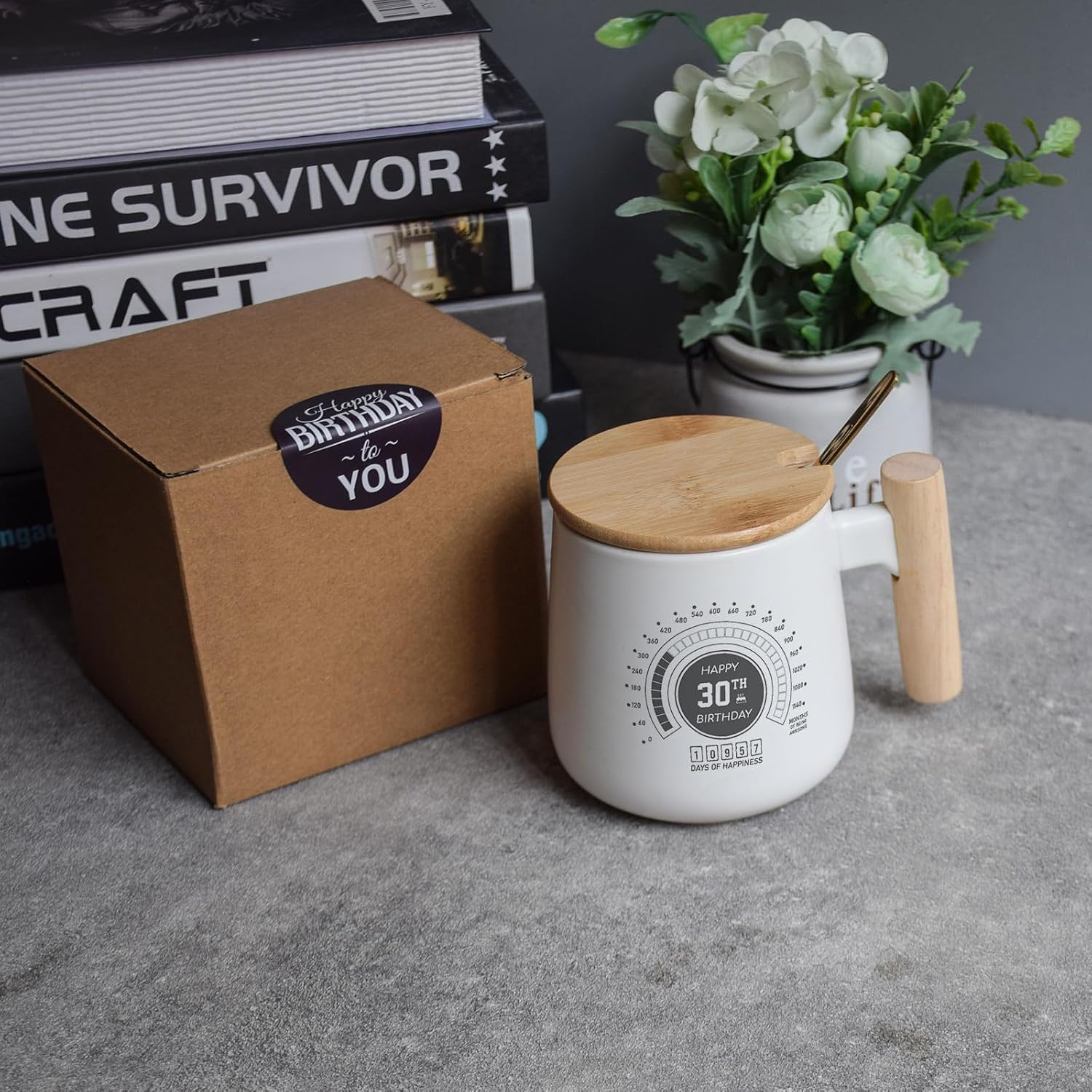 Taza de cerámica personalizada con mango de madera con tapa de bambú y cuchara de acero inoxidable, regalo de cumpleaños para esposa, marido, él,