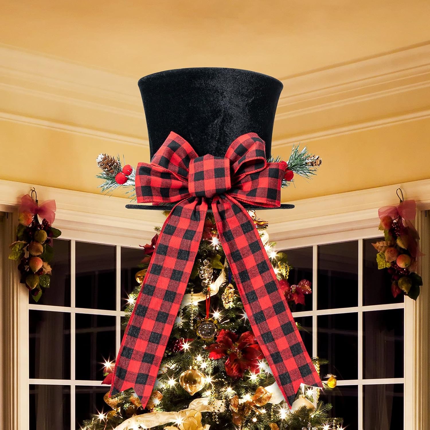 HMASYO – Sombrero de adorno para árbol de Navidad, sombrero de terciopelo negro grande con lazo rojo a cuadros y cinta alargada, decoraciones de