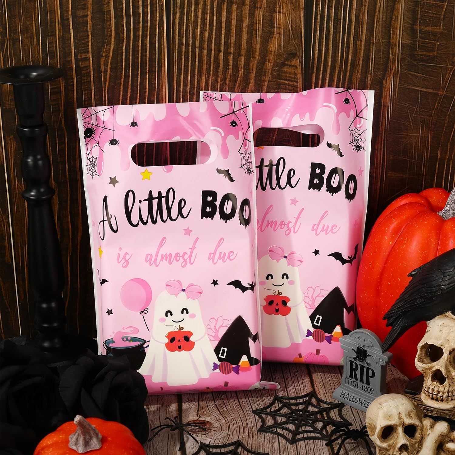 AnyDesign – 60 bolsas de regalo de Halloween Little Boo, bolsas de regalo de fantasmas de Halloween, bolsas de plástico para dulces para fiesta de