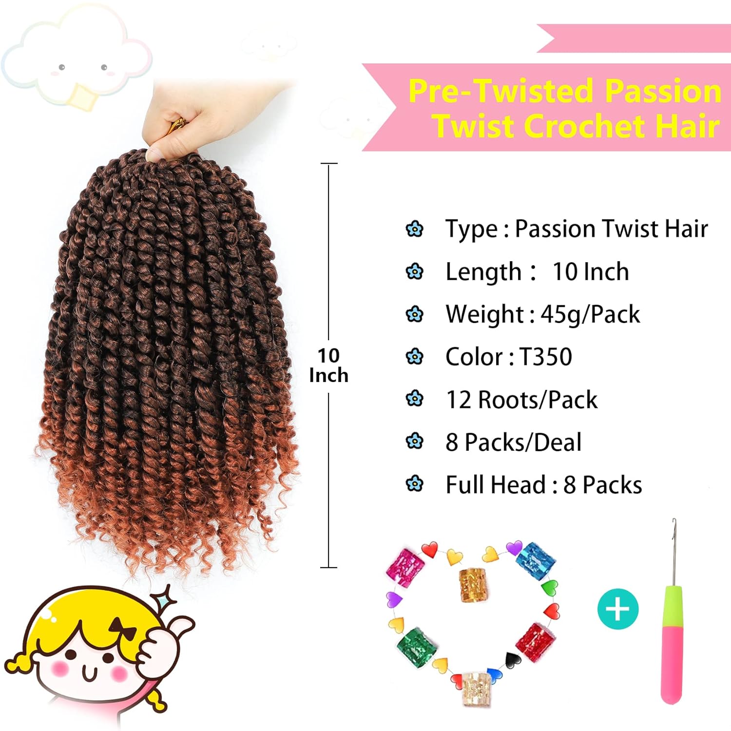 Fulcrum Cabello Passion Twist de 10 pulgadas, 8 paquetes de cabello de ganchillo Passion Twist para mujeres negras, cabello pretrenzado de ganchillo