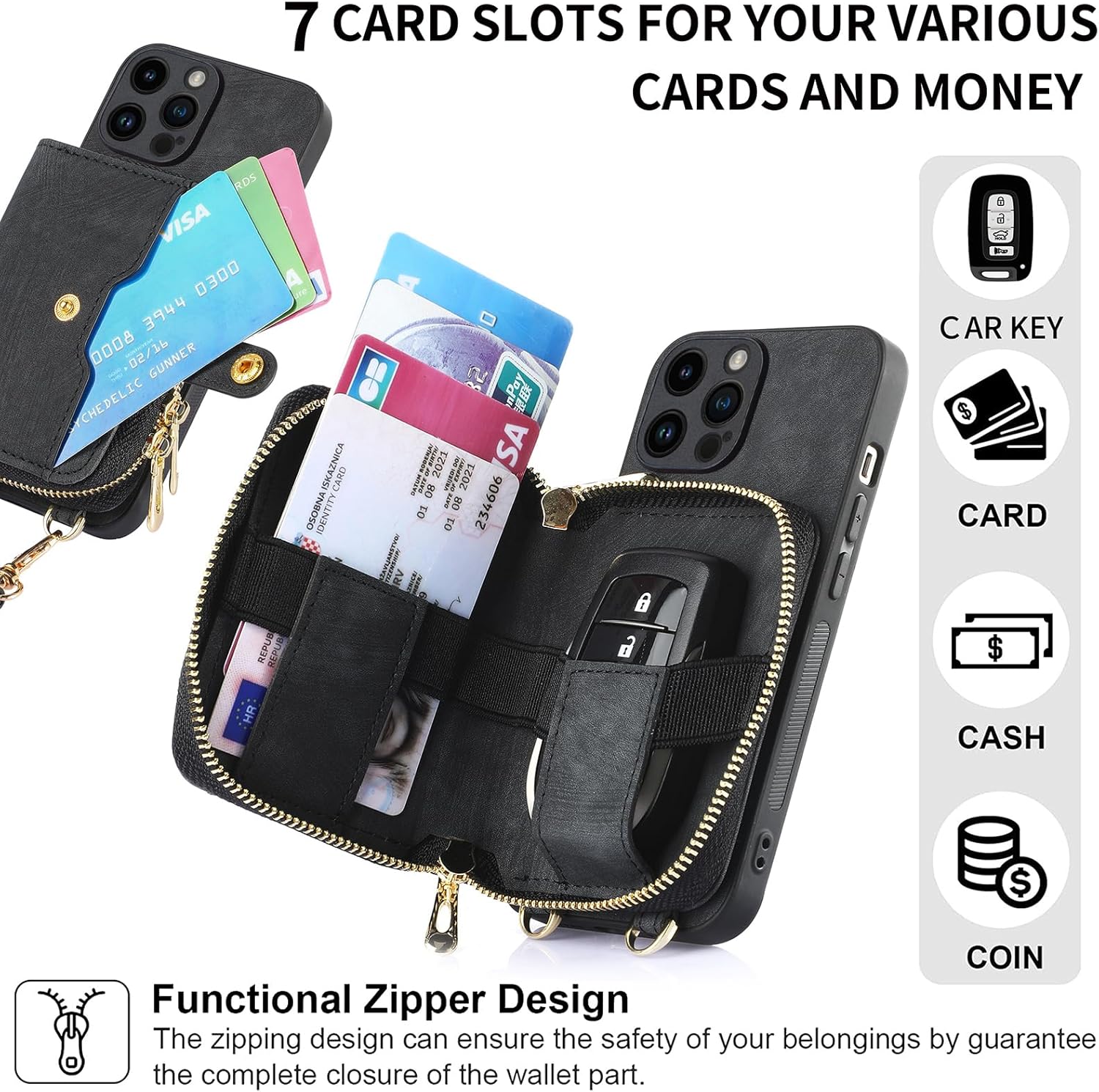 Asuwish Funda de teléfono para iPhone 14 Pro Max de 6.7 pulgadas con cremallera, con ranura para tarjeta de crédito, correa cruzada para el hombro,