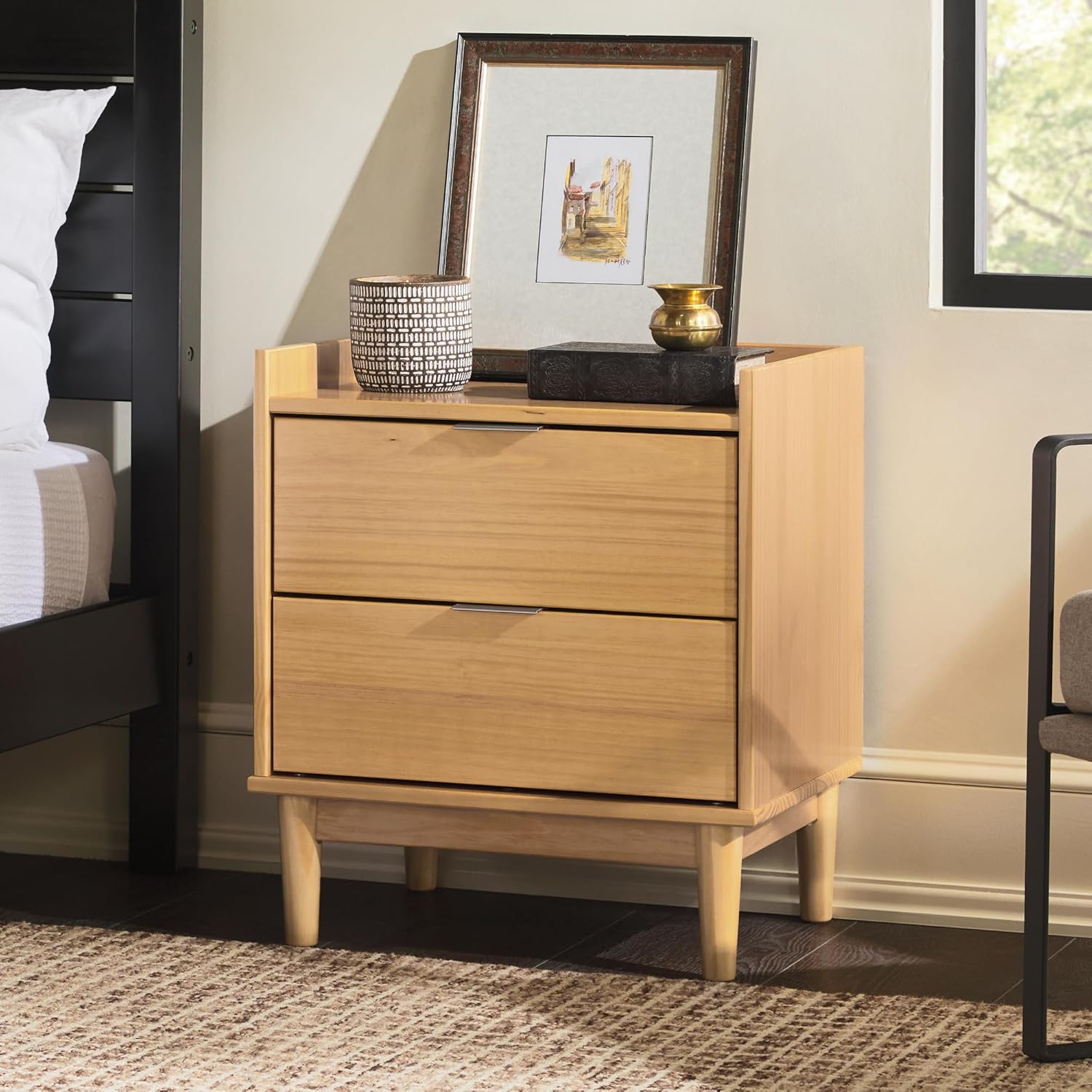 Walker Edison Blythe Mid-Century – Mesita de noche moderna con 2 cajones, 20 pulgadas, pino natural