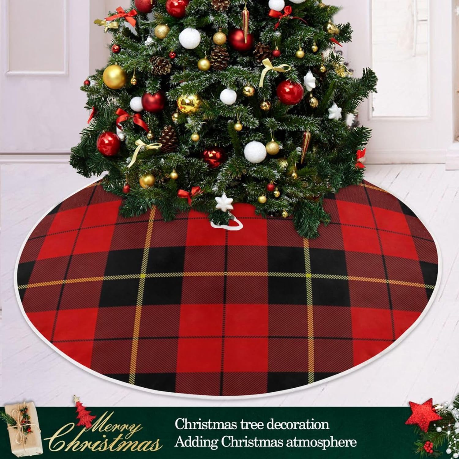 Falda de árbol a cuadros, árbol de decoración de Navidad, falda de árbol de Navidad de 47.2 pulgadas, lavable, decoración de otoño