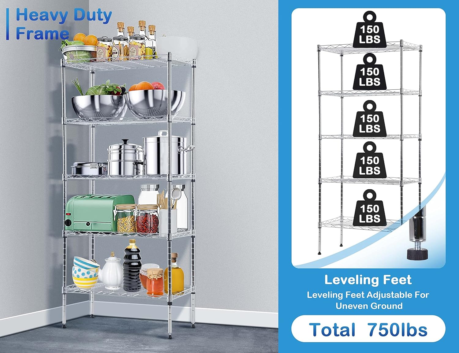 Estantería de alambre de metal de 5 niveles para aperitivos, estante de almacenamiento ajustable en altura con certificación NSF, estantes de
