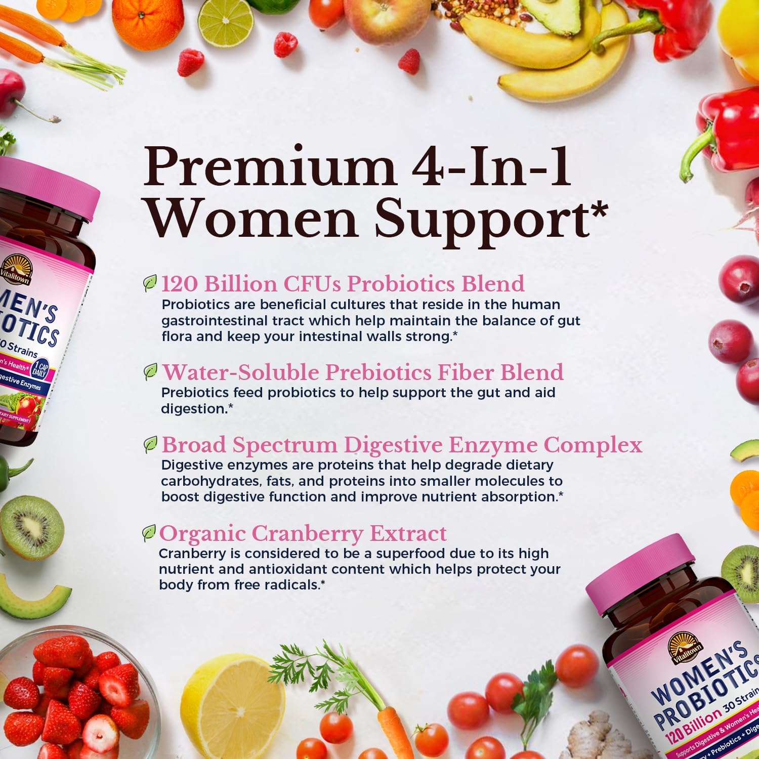 VITALITOWN Probióticos para mujeres 120 mil millones de UFC 1 diario, 30 cepas, con prebióticos y enzimas digestivas y arándano, salud intestinal y