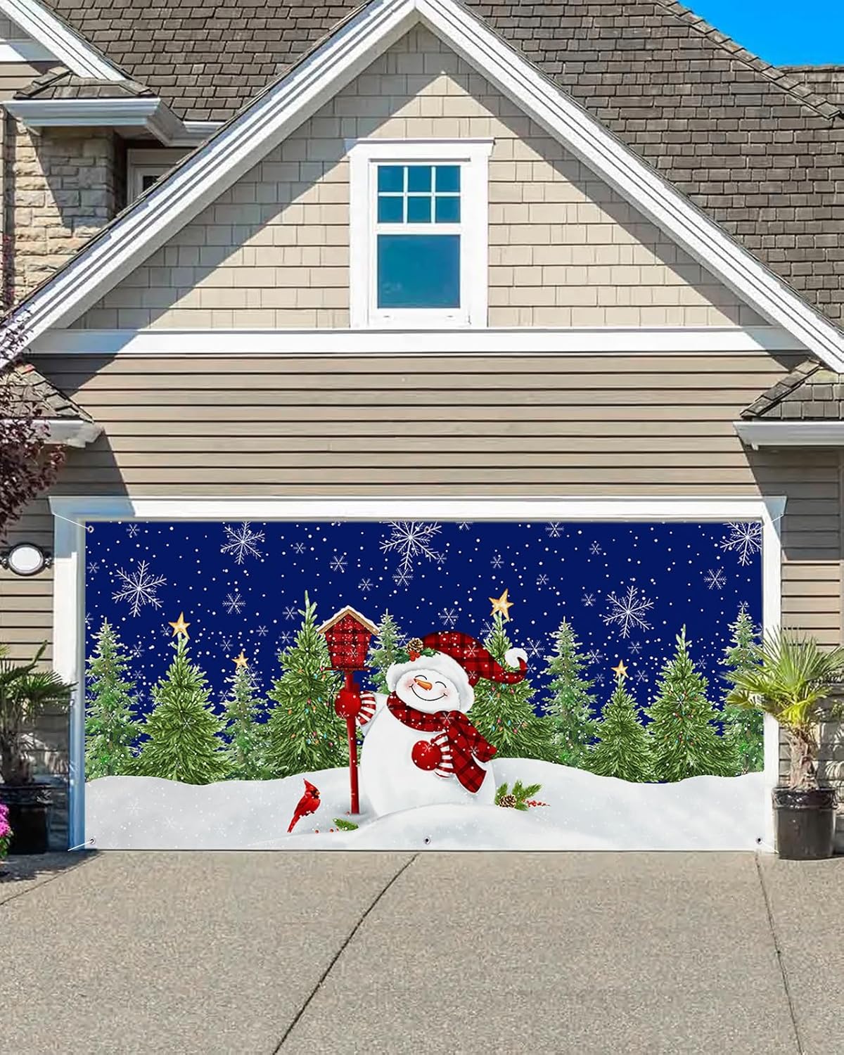 Pancarta de Navidad para puerta de garaje, 7 x 16 pies, muñeco de nieve de Navidad, árbol de Navidad, pájaro rojo, azul oscuro, decoración de puerta