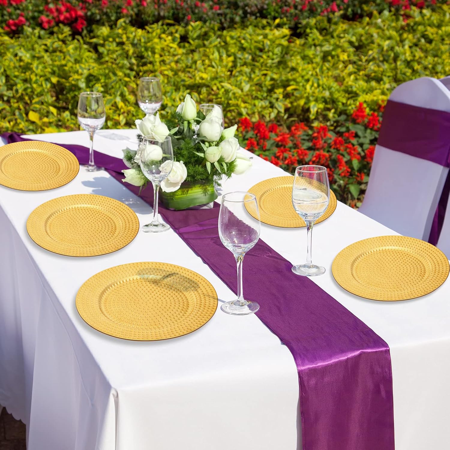 12 platos redondos con 12 servilleteros de 13 pulgadas, redondos, brillantes, metálicos, platos martillados de plástico para cenas, bodas,