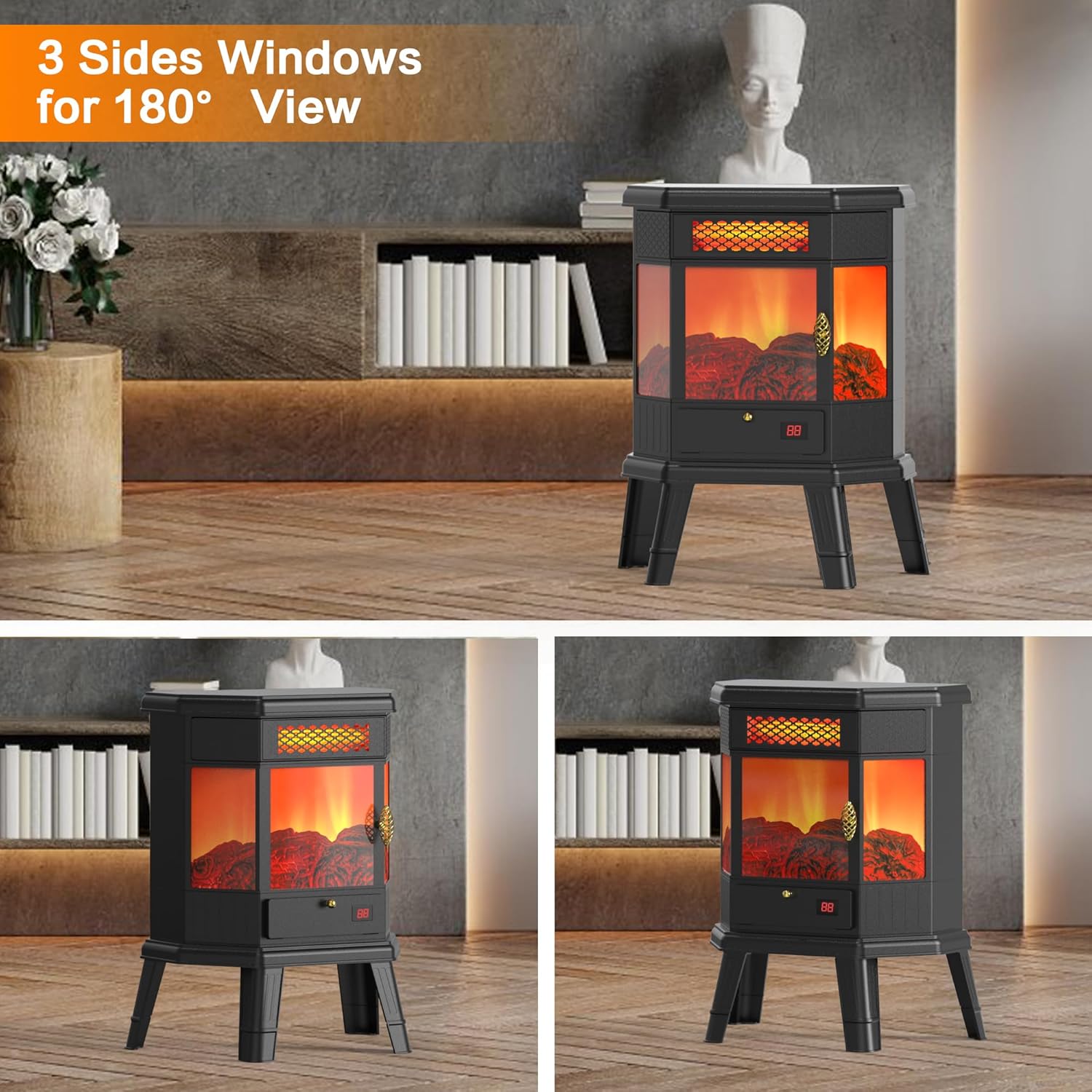 Calentador eléctrico de chimenea de 22 pulgadas, estufa de chimenea infrarroja RealSmart con efecto de llama 3D, control remoto, temporizador,