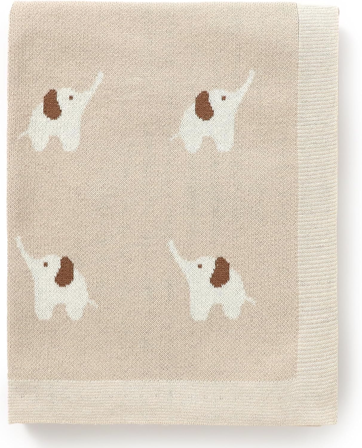 Hadetoto Manta de bebé 100% algodón de punto suave y acogedora manta de recepción con precioso elefante para niños recién nacidos, color camello,