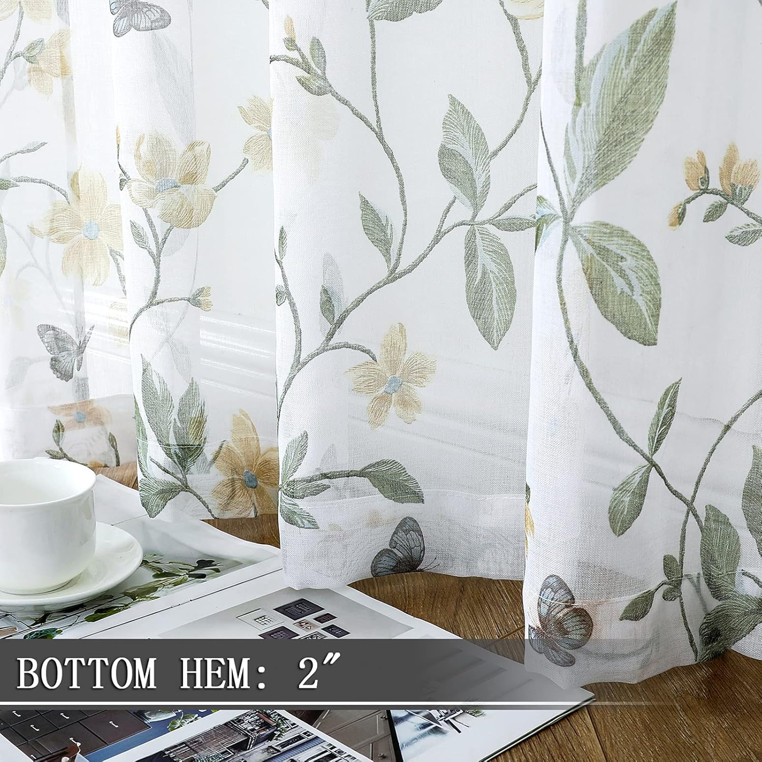 Tollpiz – Cortina floral transparente, con diseño de mariposas y flores para dormitorio, cortina para ventana de lino sintético con barra para
