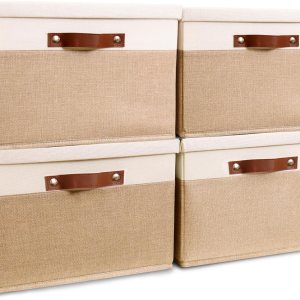 HOdo Home Contenedores de almacenamiento de tela con tapa y 2 asas llamativas, canastas de almacenamiento grandes plegables de lona para HOdo Home Contenedores de almacenamiento de tela con tapa y 2 asas llamativas, canastas de almacenamiento grandes plegables de lona para