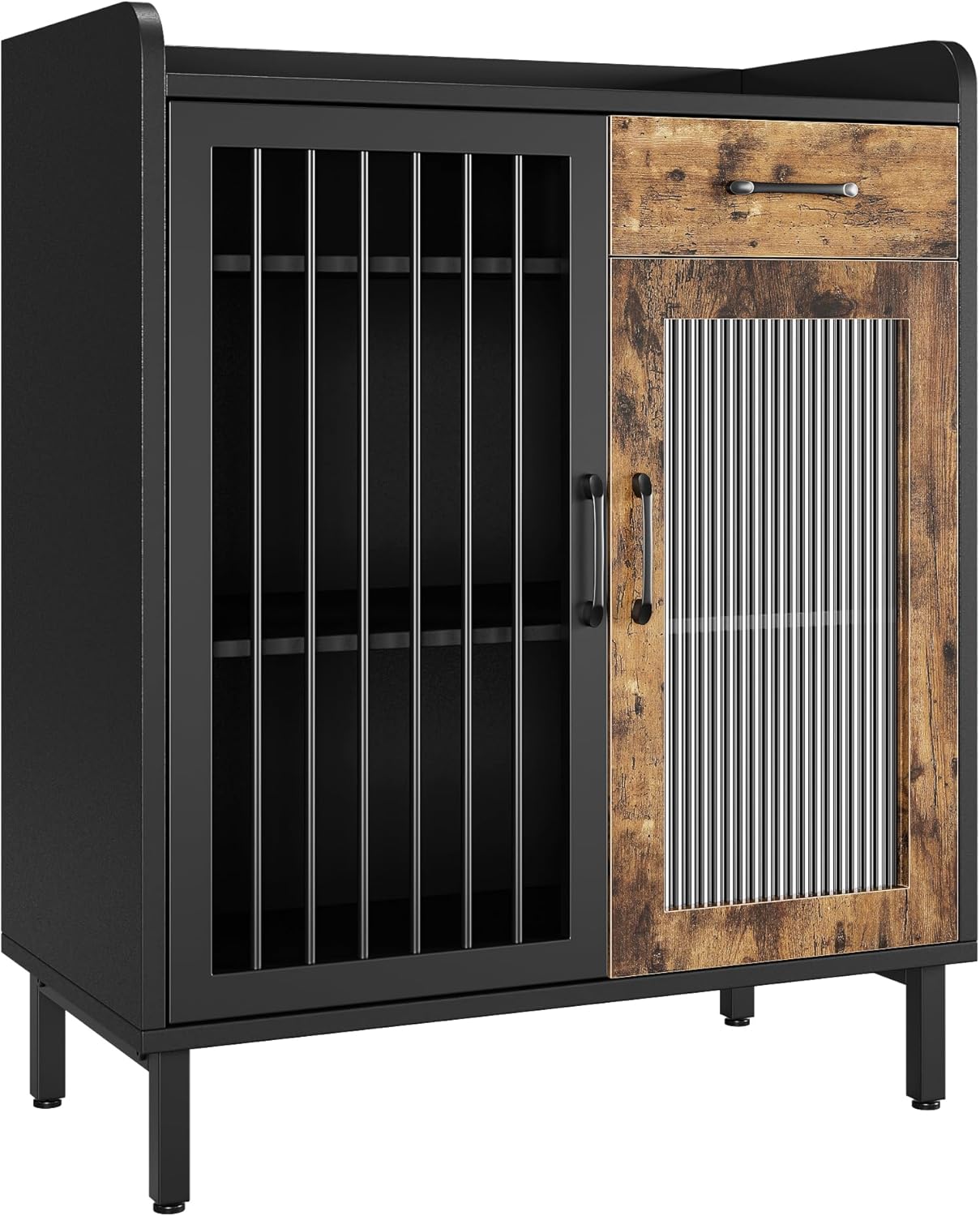 Aparador de buffet moderno, armario de almacenamiento de cocina con estantes y puertas de vidrio, gabinete de buffet de metal con cajones, barra de