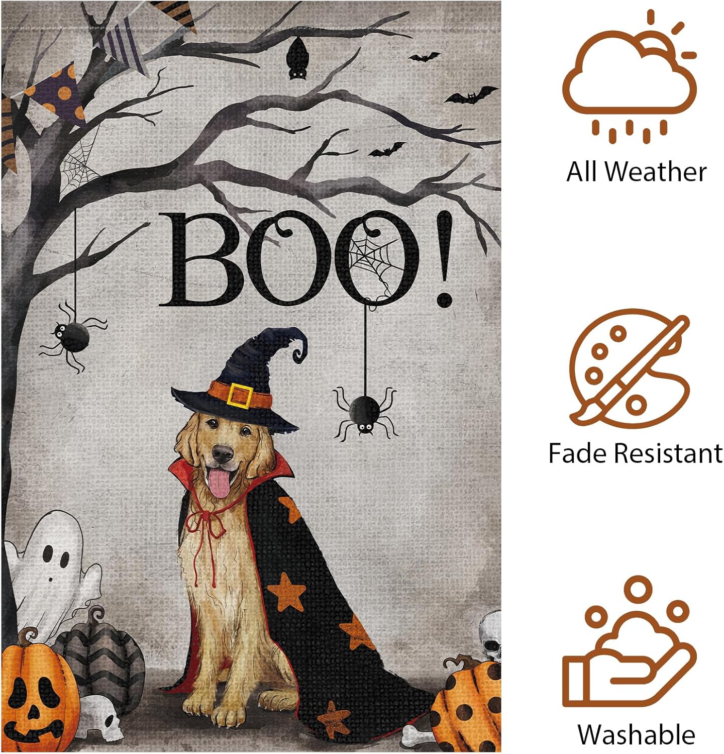 Bandera de jardín de perro Golden Retriever de Halloween de 28 x 40 pulgadas, arpillera de doble cara, fantasma, rústico, decoración de granja,