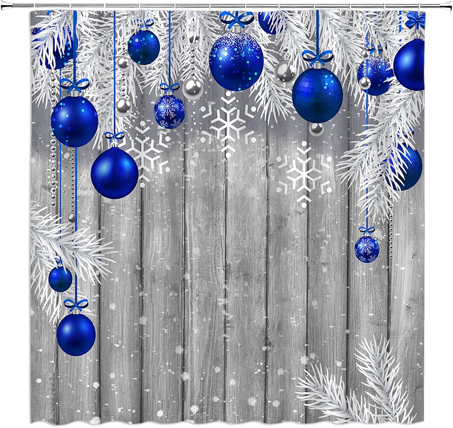 Cortina de ducha de bola de Navidad, bola de Navidad azul, tablero de madera rústica, decoración de baño, cortinas de poliéster