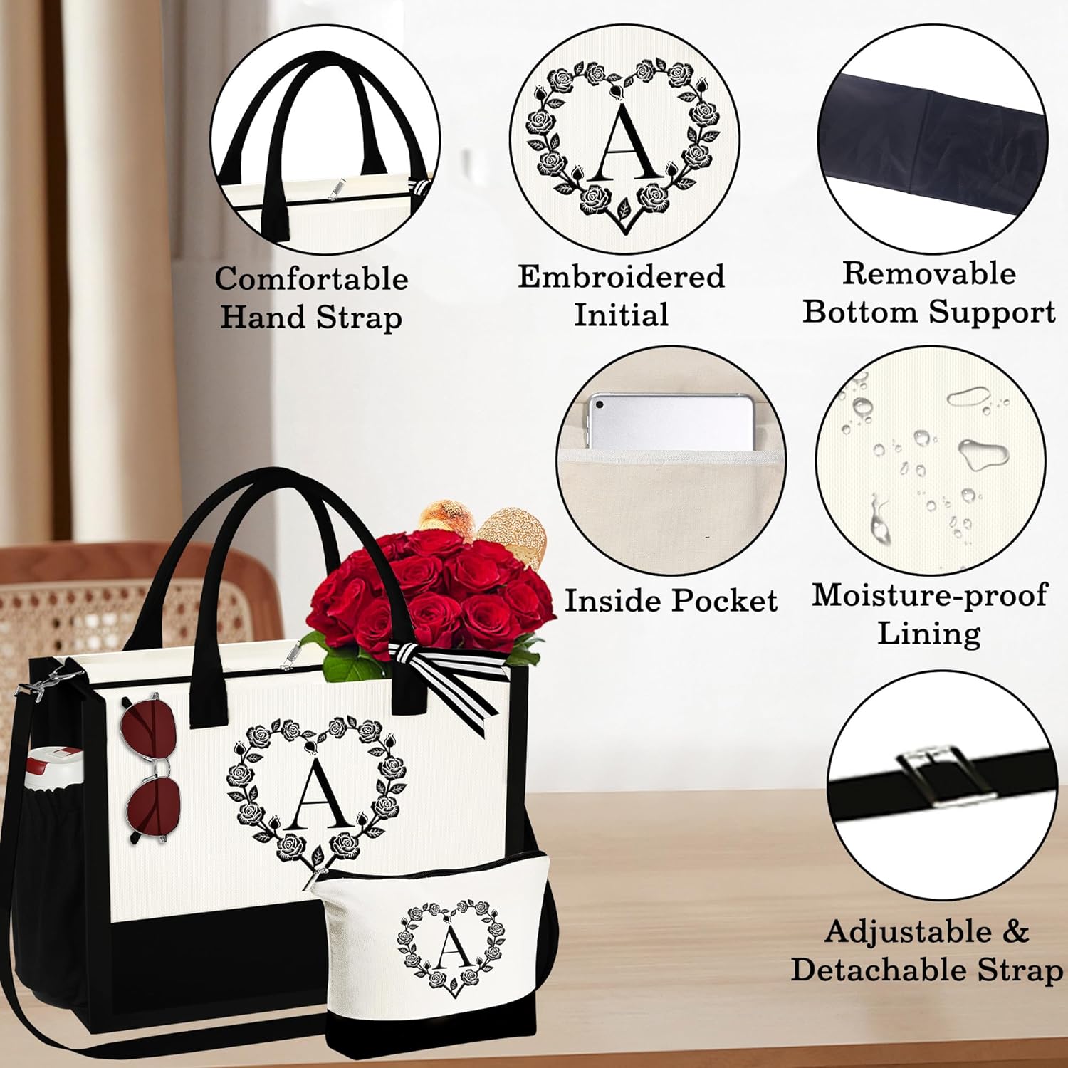 YOOLIFE Regalos para mujeres, regalos para el día de la madre, bolsa de lona con inicial, bolsa de playa y bolsa de maquillaje, regalos de