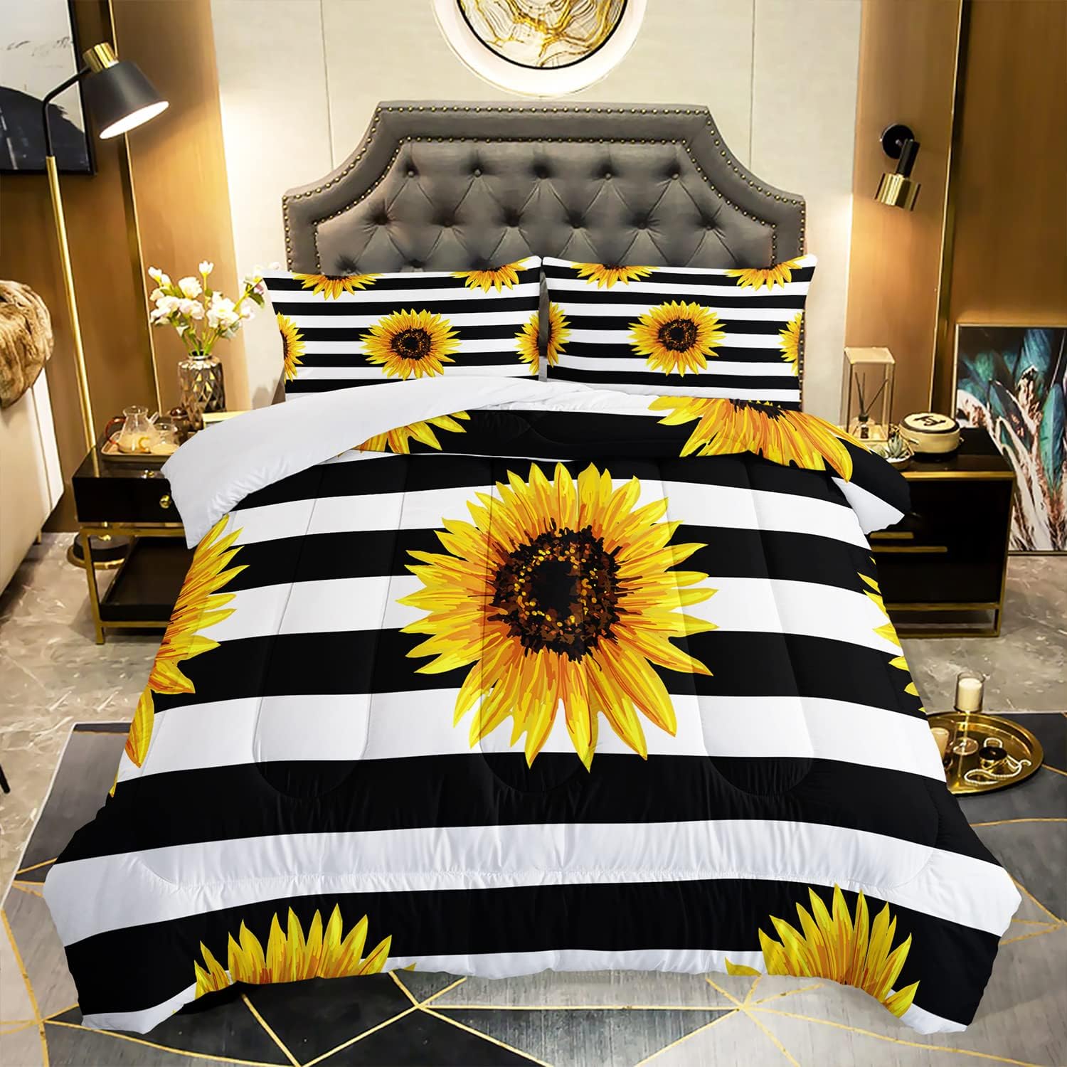 AILONEN Juego de edredón de girasol, tamaño Queen, juego de cama de flores a rayas blancas y negras, juego de cama de flores amarillas superior,