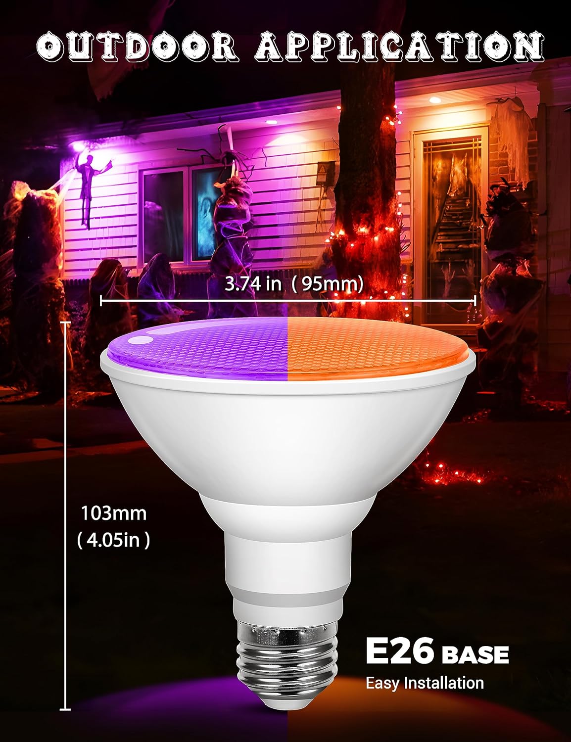 JandCase Bombillas de Halloween naranjas y moradas para exteriores, luces LED PAR30 de 12 W (equivalente a 100 W), bombillas de colores E26 para