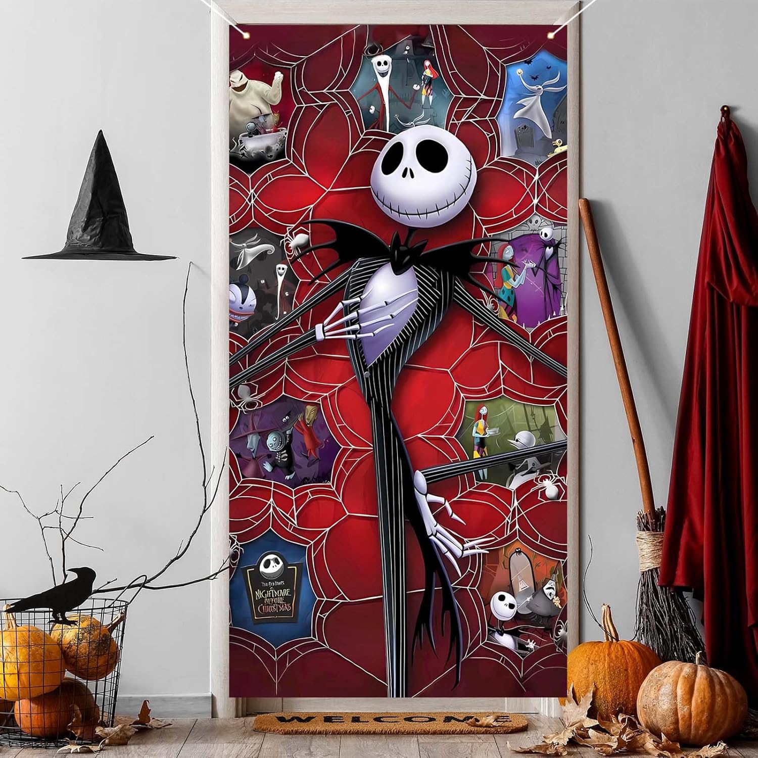 Jack Skellington Sally Zero – Cubierta de puerta de Jack Skellington Sally Zero – Fondo de fotos para Halloween, Navidad, Navidad, decoración y