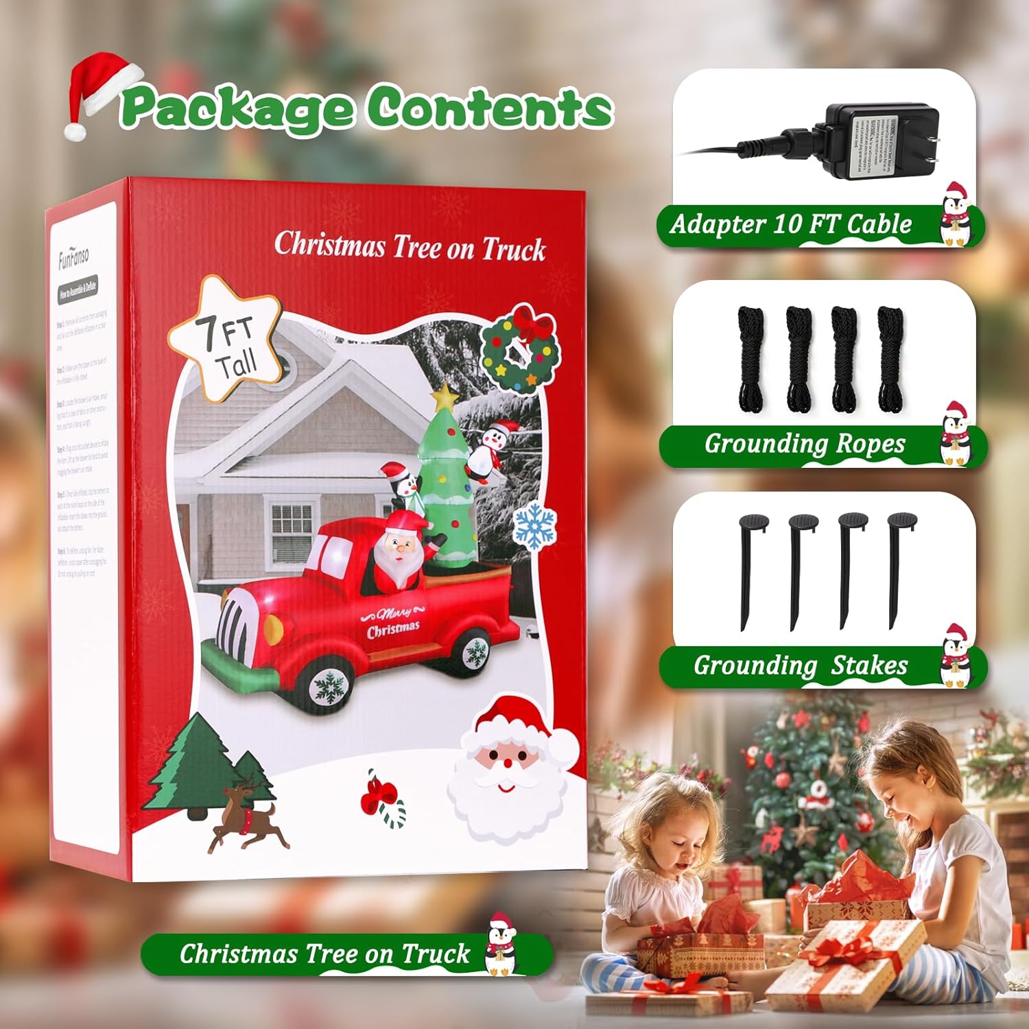 Camión rojo inflable de Papá Noel de 7 pies con árbol de Navidad y pingüinos, decoraciones al aire libre con luces integradas para Navidad,