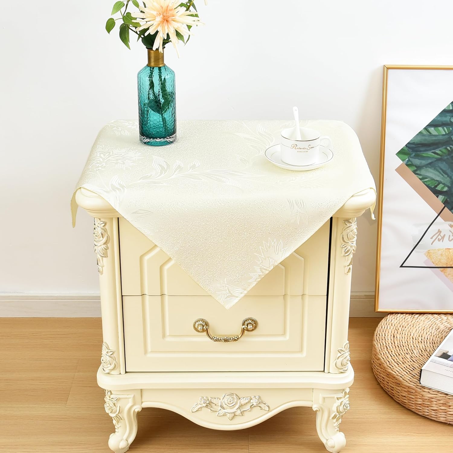 Paquete de 2 manteles cuadrados pequeños de jacquard, color amarillo claro brillante floral con hojas de campo, patrones de damasco, mesita de