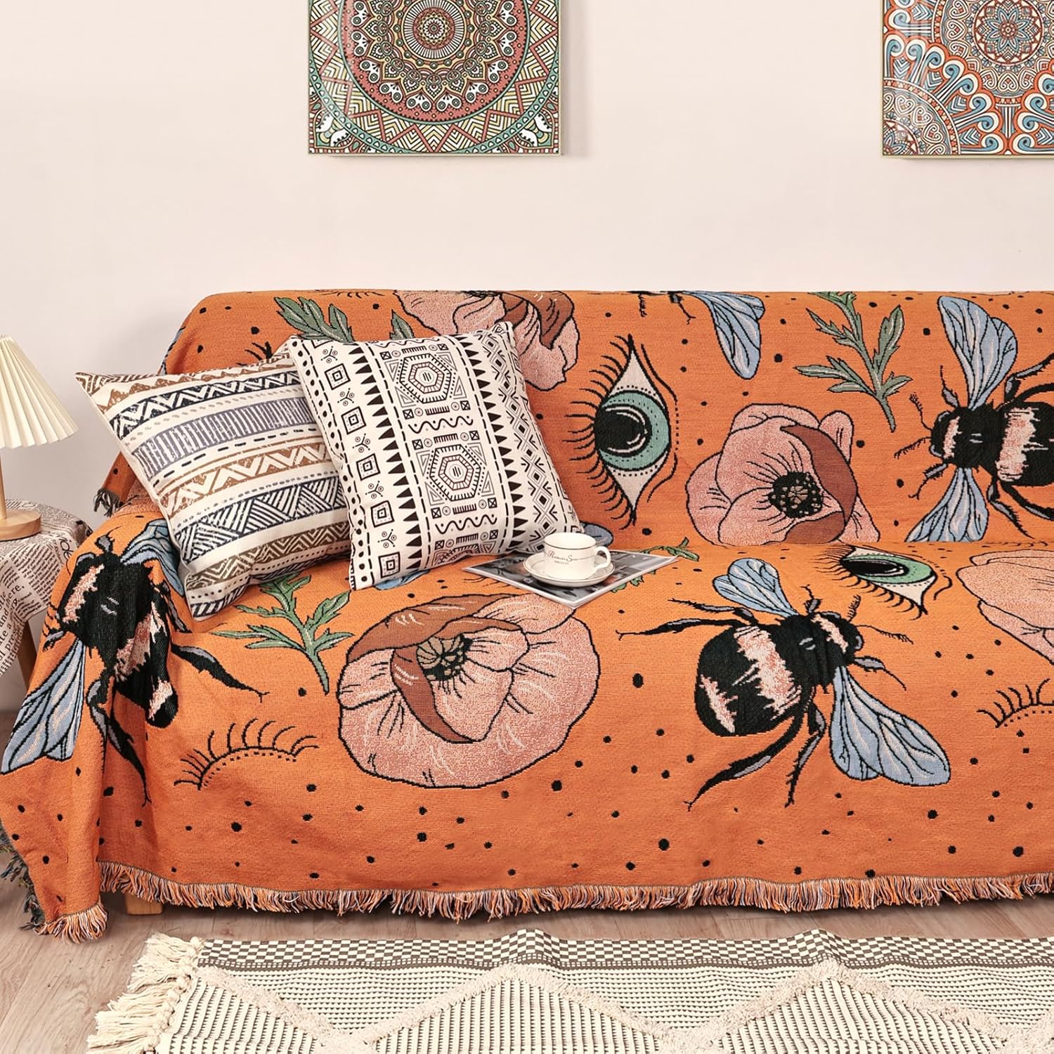 Shesyuki Manta bohemia para cama, sofá, reversible, de algodón, bohemio, para viajes, bohemio, manta de muselina mexicana, tapiz hippie para