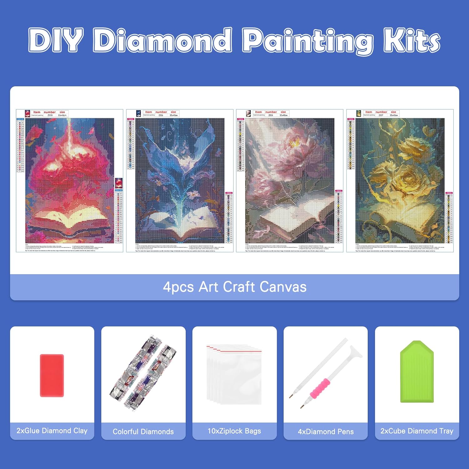 RICUVED Paquete de 4 pinturas artísticas de diamantes, kit de pintura de diamantes para adultos, arte de gemas de diamantes 5D, taladro redondo
