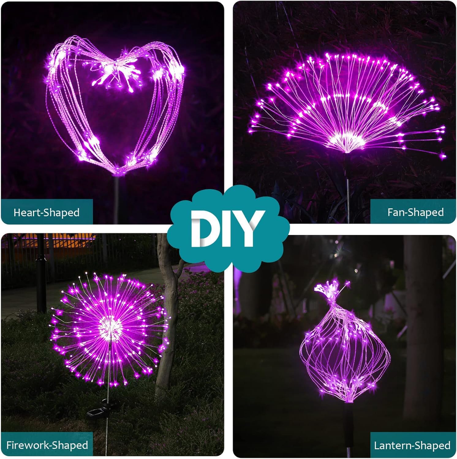JJGoo Luces solares de jardín, luces solares de fuegos artificiales, paquete de 2, 120 LED, 2 modos de iluminación, luces solares para exteriores,