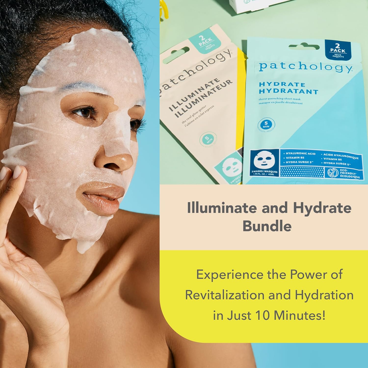Patchology Mascarillas hidratantes, esenciales para el cuidado de la piel de viaje de fin de semana, máscaras de ácido hialurónico con suero
