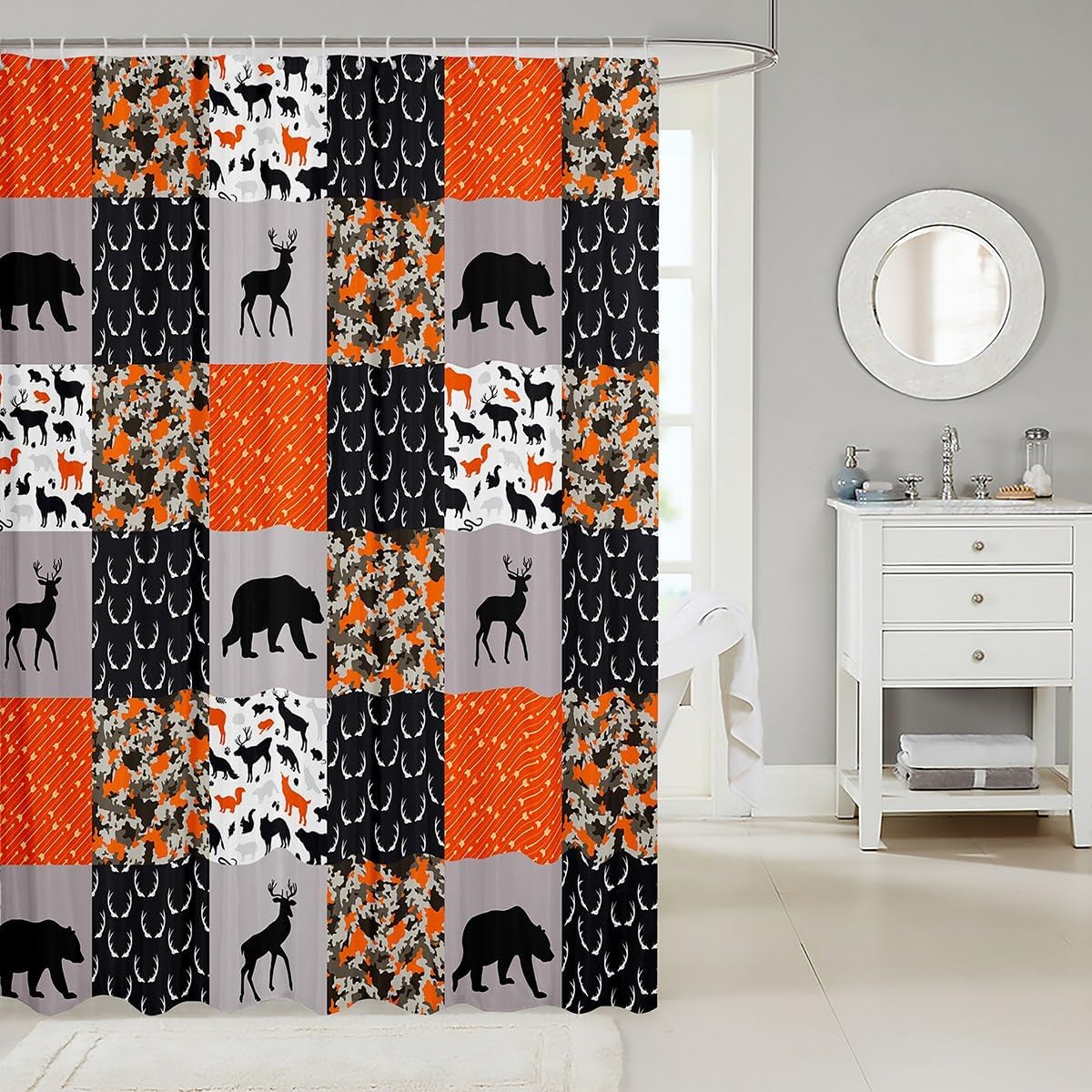 Cortinas de ducha con cuernos de ciervo y camuflaje, decoración del hogar, diseño de oso de ciervo, flechas y caza, tela con estampado de cuadrícula