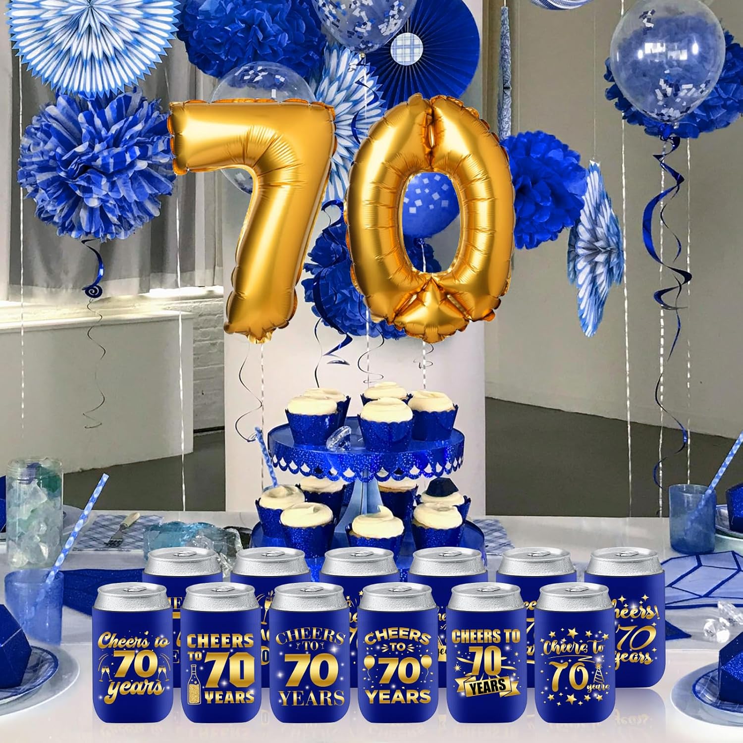 24 fundas enfriadoras para latas de cumpleaños 70, decoración de cumpleaños de 70 años azul y dorado para hombres y mujeres, para fiestas de