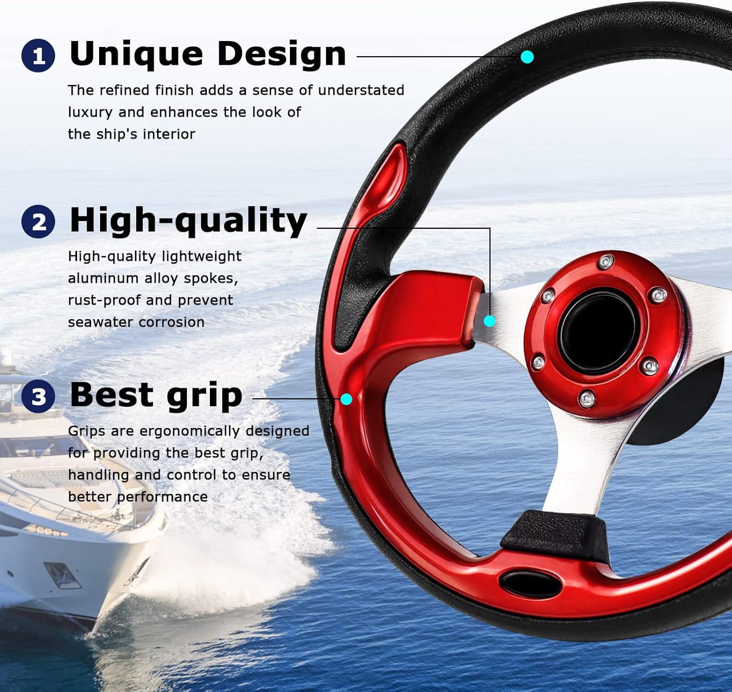 12.4″ Boat Steering Wheel with 34 Tapered Shaft, Anti-Slip PU Carbon Fiber Steering Wheel for Seastar and Verad, etc. for Marine Boats, Vessels,