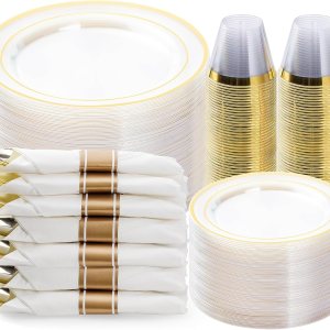 BESTVIP Juego de vajilla de plástico dorado transparente de 350 piezas, platos de fiesta desechables para 50 invitados, incluye 100 platos de BESTVIP Juego de vajilla de plástico dorado transparente de 350 piezas, platos de fiesta desechables para 50 invitados, incluye 100 platos de