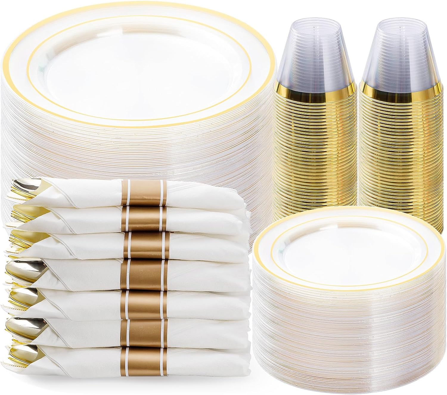 BESTVIP Juego de vajilla de plástico dorado transparente de 350 piezas, platos de fiesta desechables para 50 invitados, incluye 100 platos de