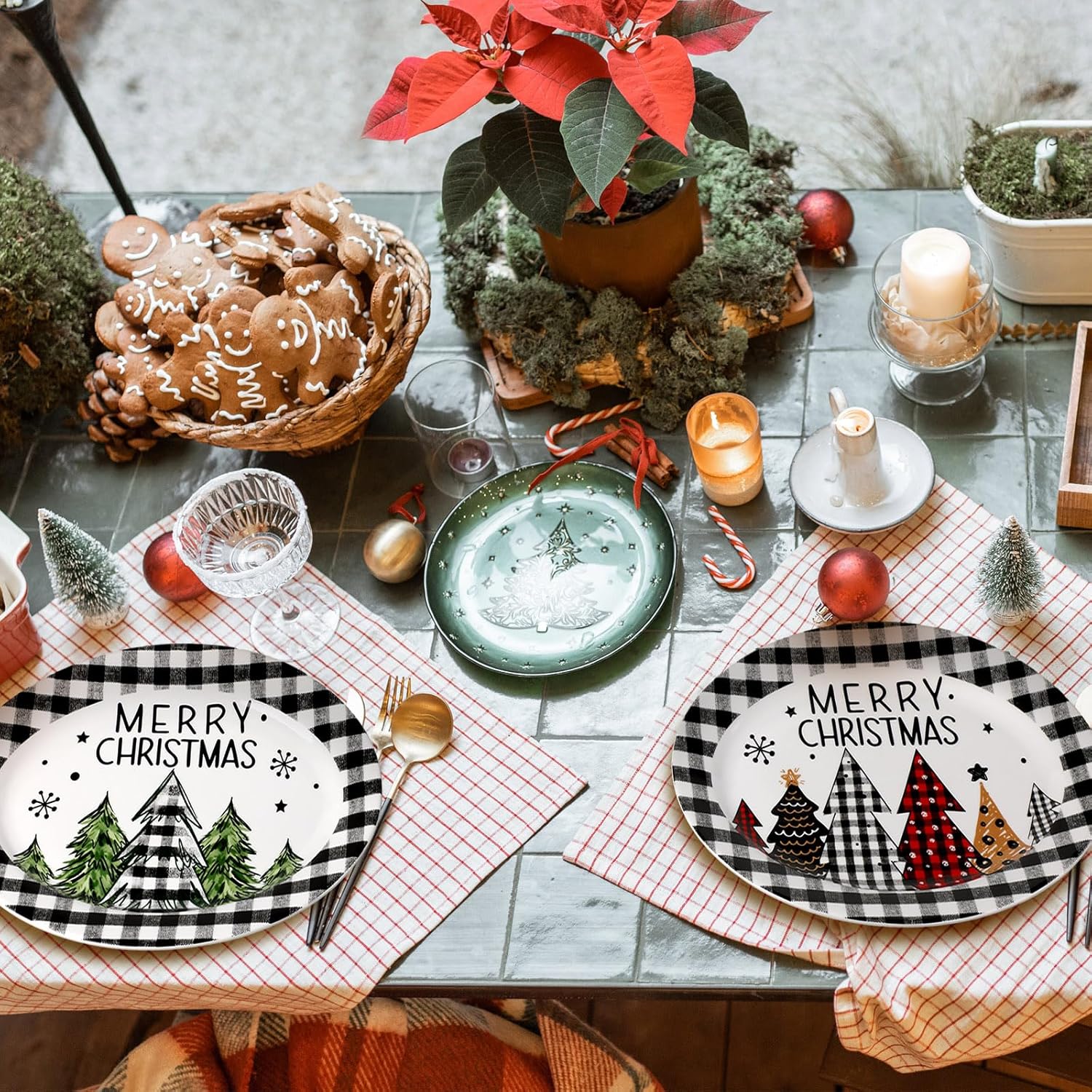Kigley 2 platos ovalados de cerámica para árbol de Navidad, platos decorativos de búfalo blanco y negro, platos decorativos para árboles de Navidad