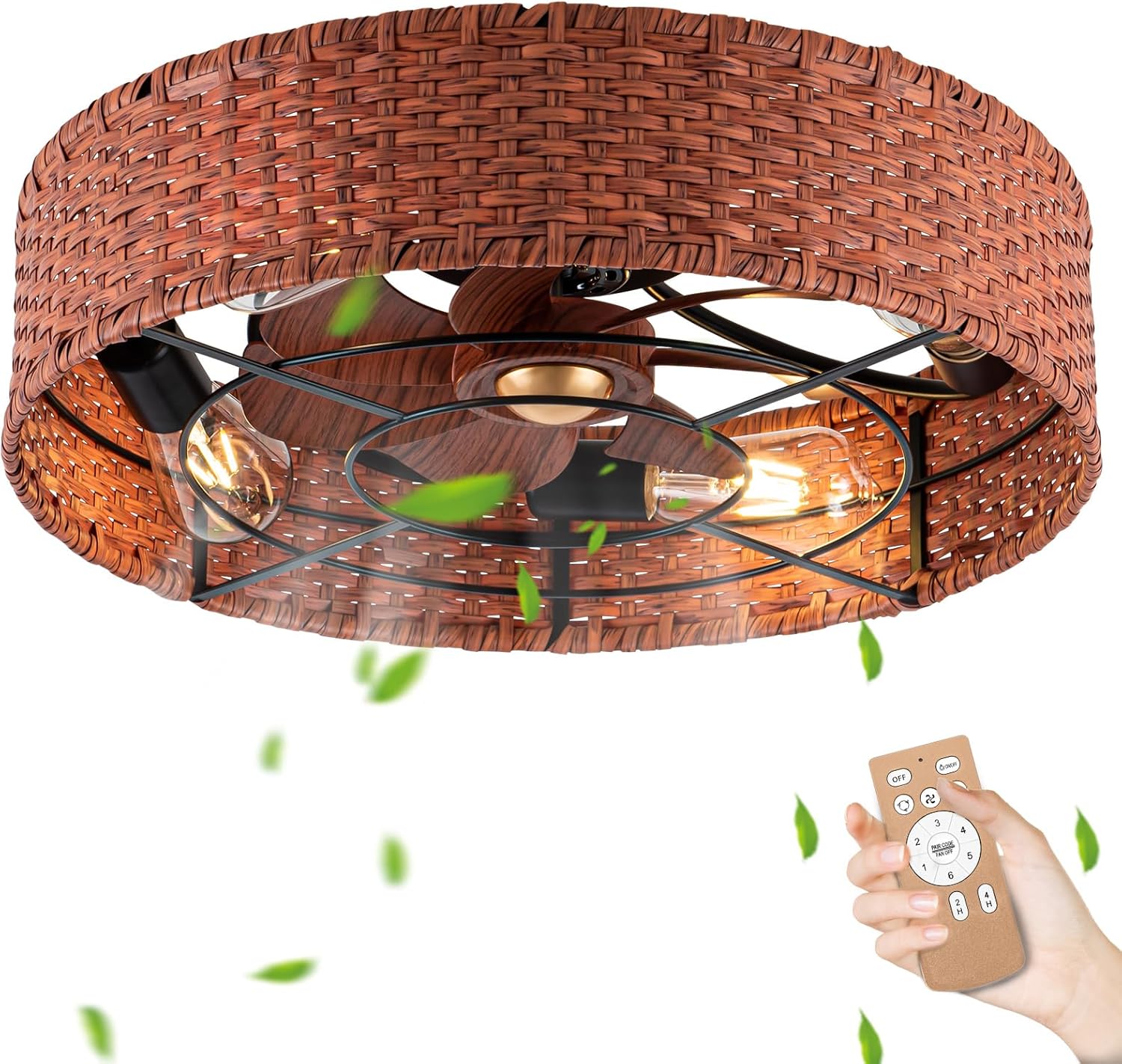 Ventilador de techo bohemio de ratán de 19 pulgadas con luz empotrada, ventilador de techo enjaulado de granja con control remoto reversible de 6