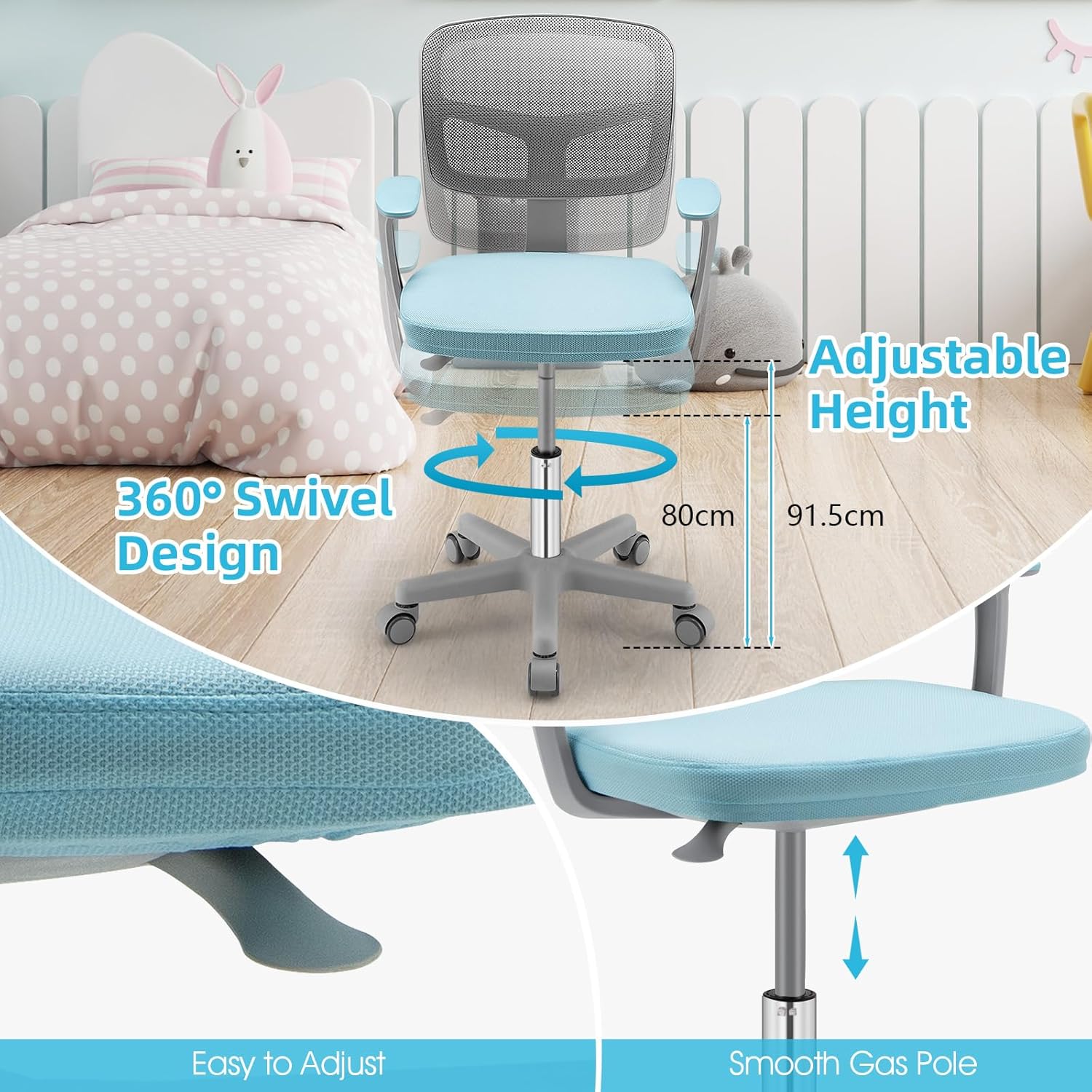 POWERSTONE Silla de escritorio para niños, silla de computadora de malla ajustable con reposabrazos, cojín suave y silla de oficina giratoria de