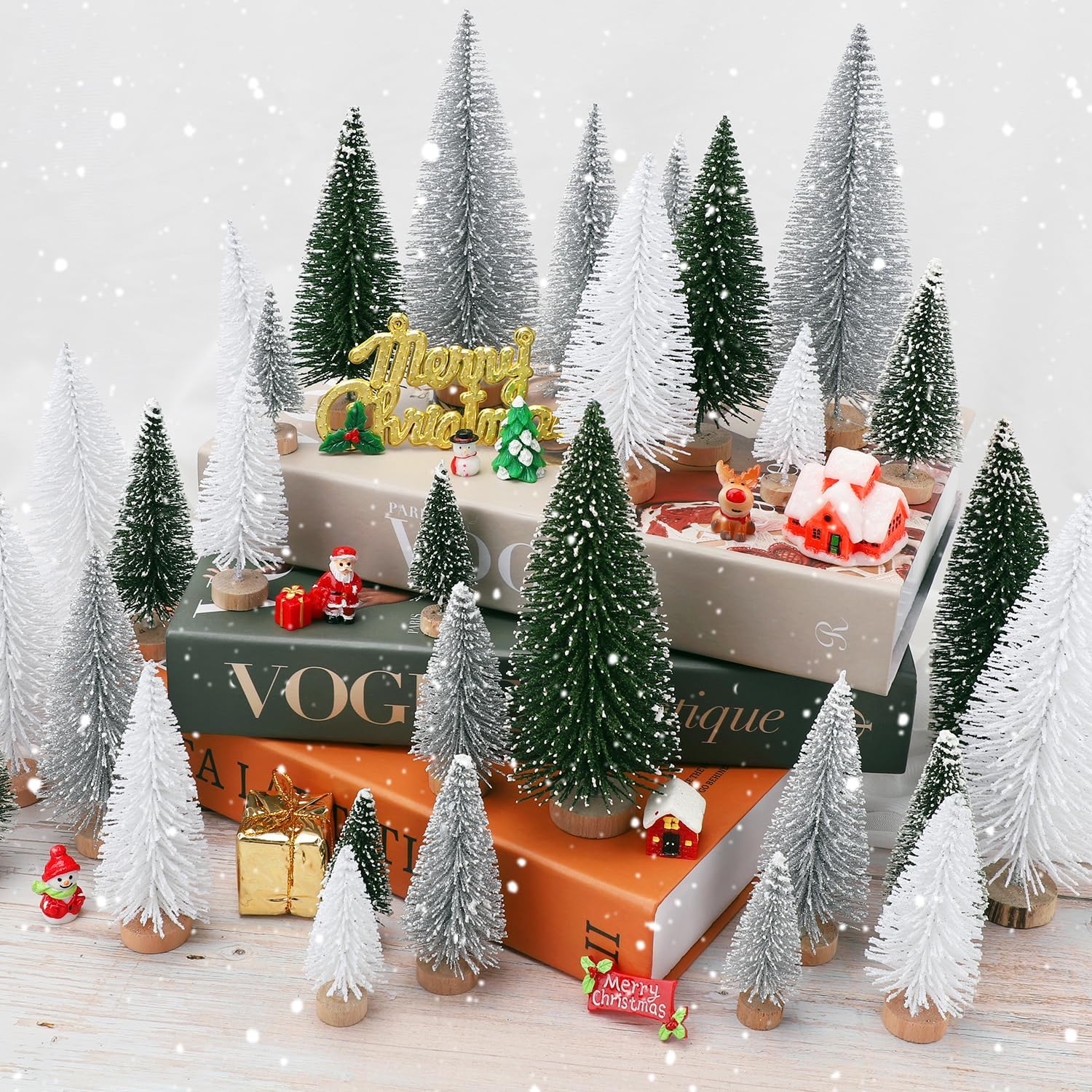 30 piezas de mini decoración de árbol de Navidad, árbol de Navidad artificial, 5 tamaños, mini árboles de escarcha de nieve de sisal con base de