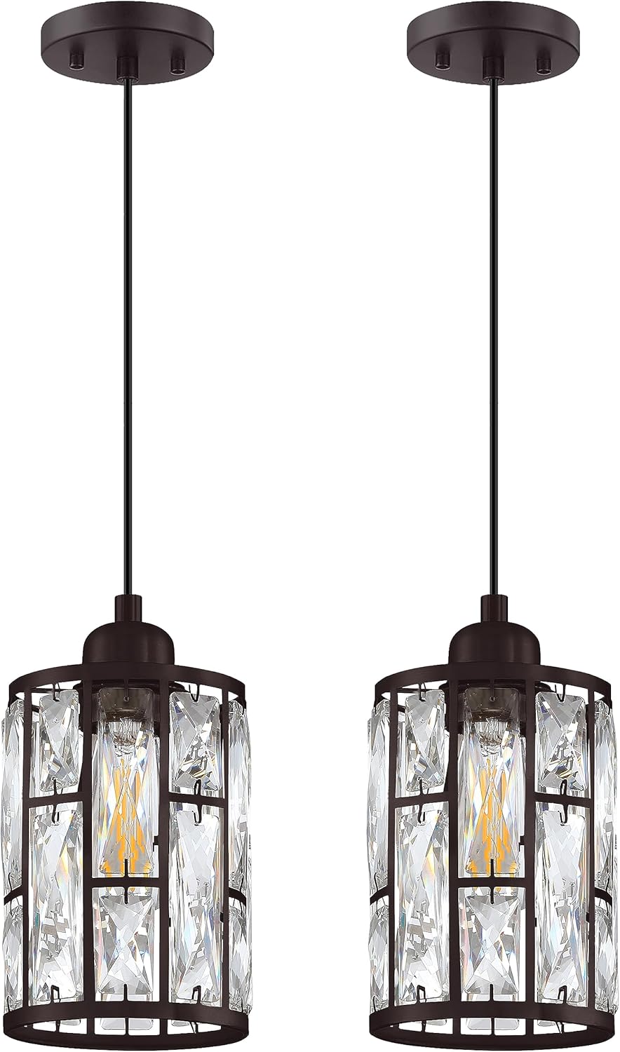 Paquete de 2 colgantes de isla de cocina con pantalla de cristal de 5.4 pulgadas, acabado de bronce aceitado, moderno accesorio colgante con