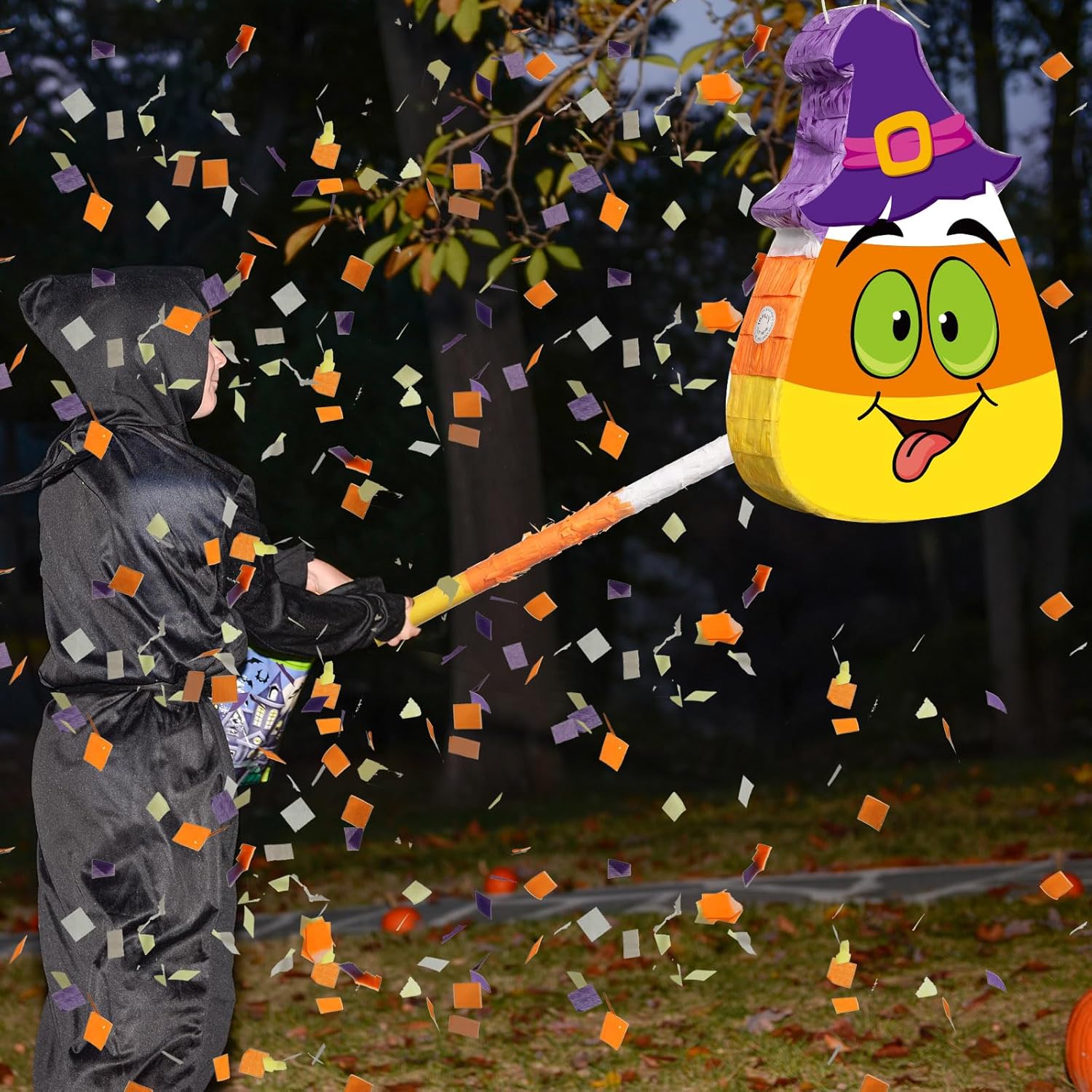 Aoriher Piñata de Halloween con palito y confeti para los ojos vendados, juego de piñata rellena de dulces con temática de Halloween, piñata