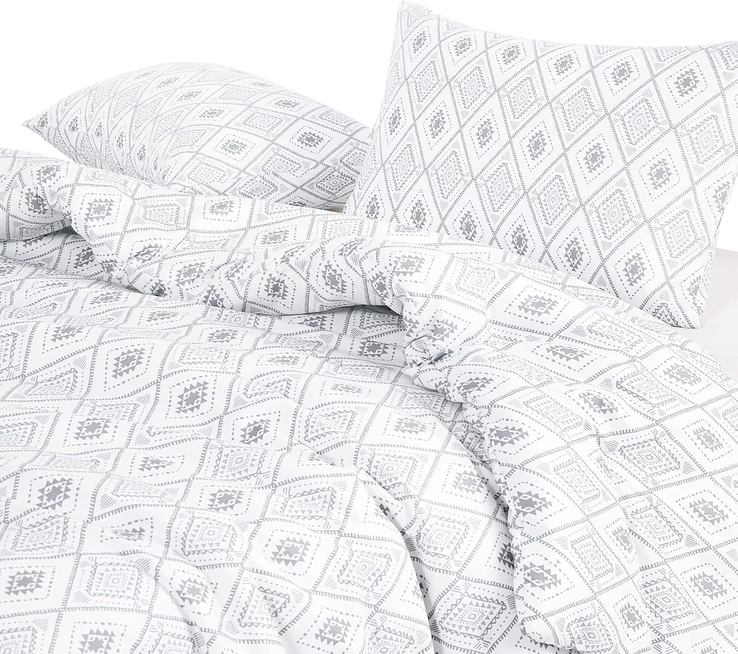 Wake In Cloud – Juego de edredón bohemio, patrón geométrico bohemio gris gris con forma de diamante impreso en blanco, ropa de cama de microfibra
