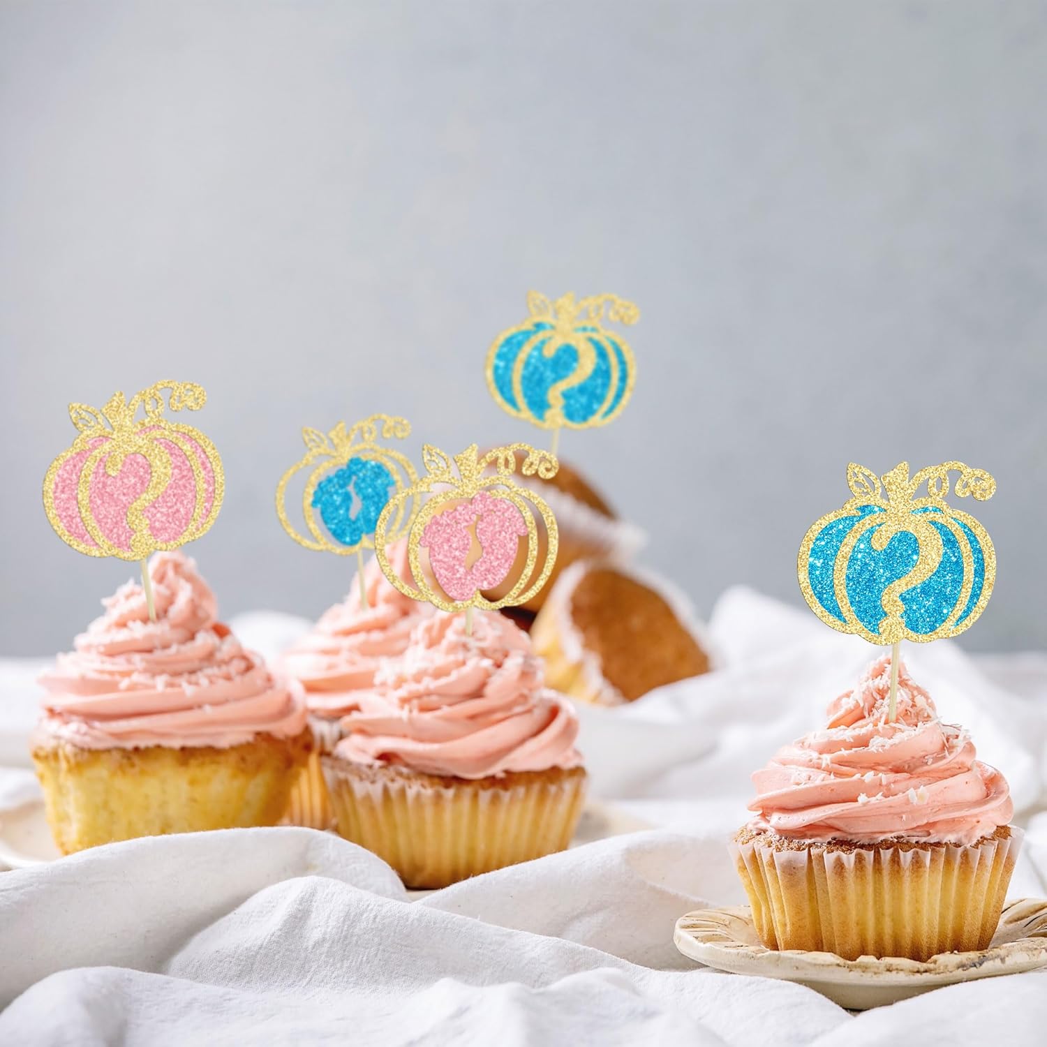 24 piezas de calabaza revelación de género para cupcakes con purpurina de calabaza pies de bebé, selecciones de cupcakes para niños o niñas,