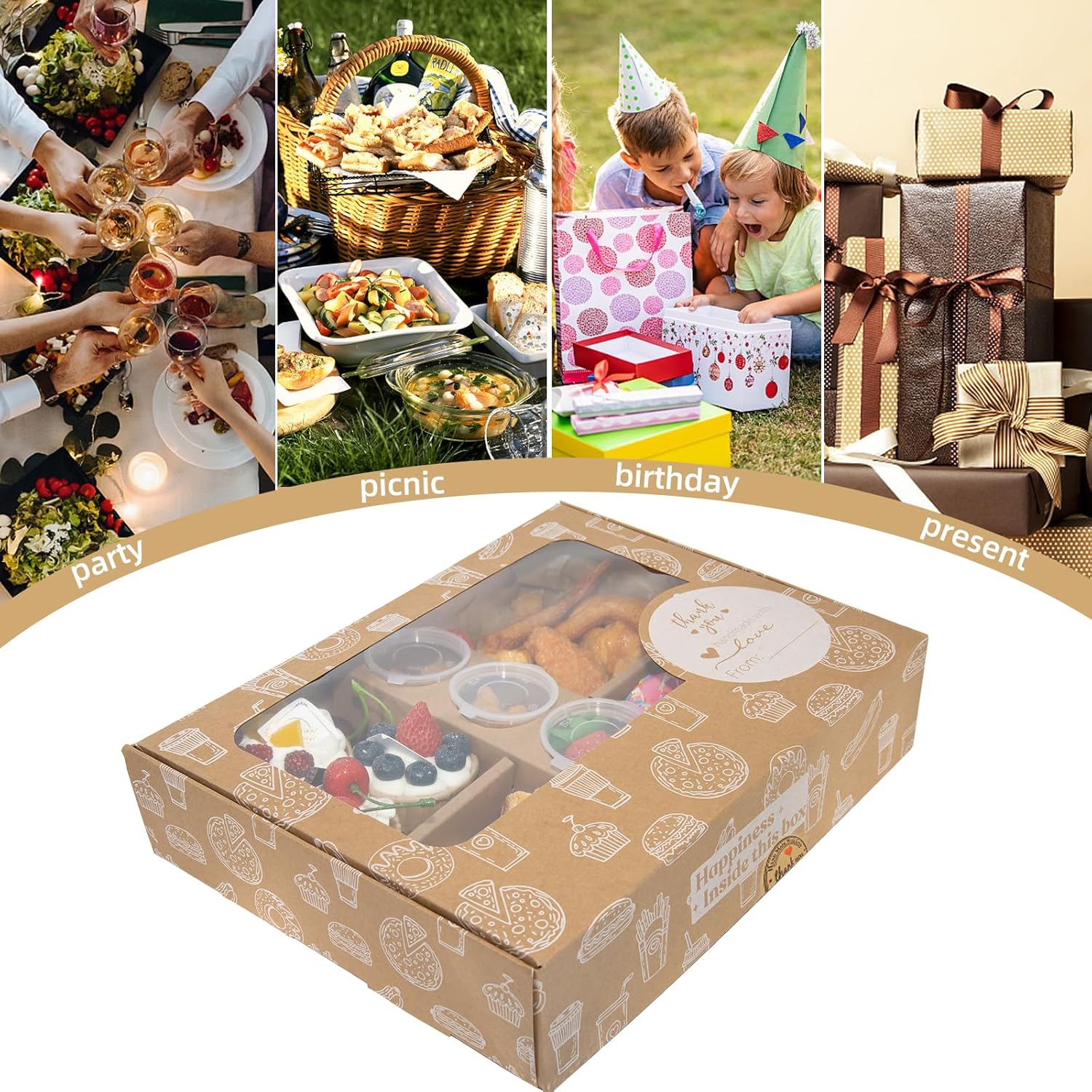 Caja de pastelería marrón a prueba de grasa, 12 juegos, caja de cartón para postres con ventana de 12 x 10 x 2.5 pulgadas, recipientes para comida