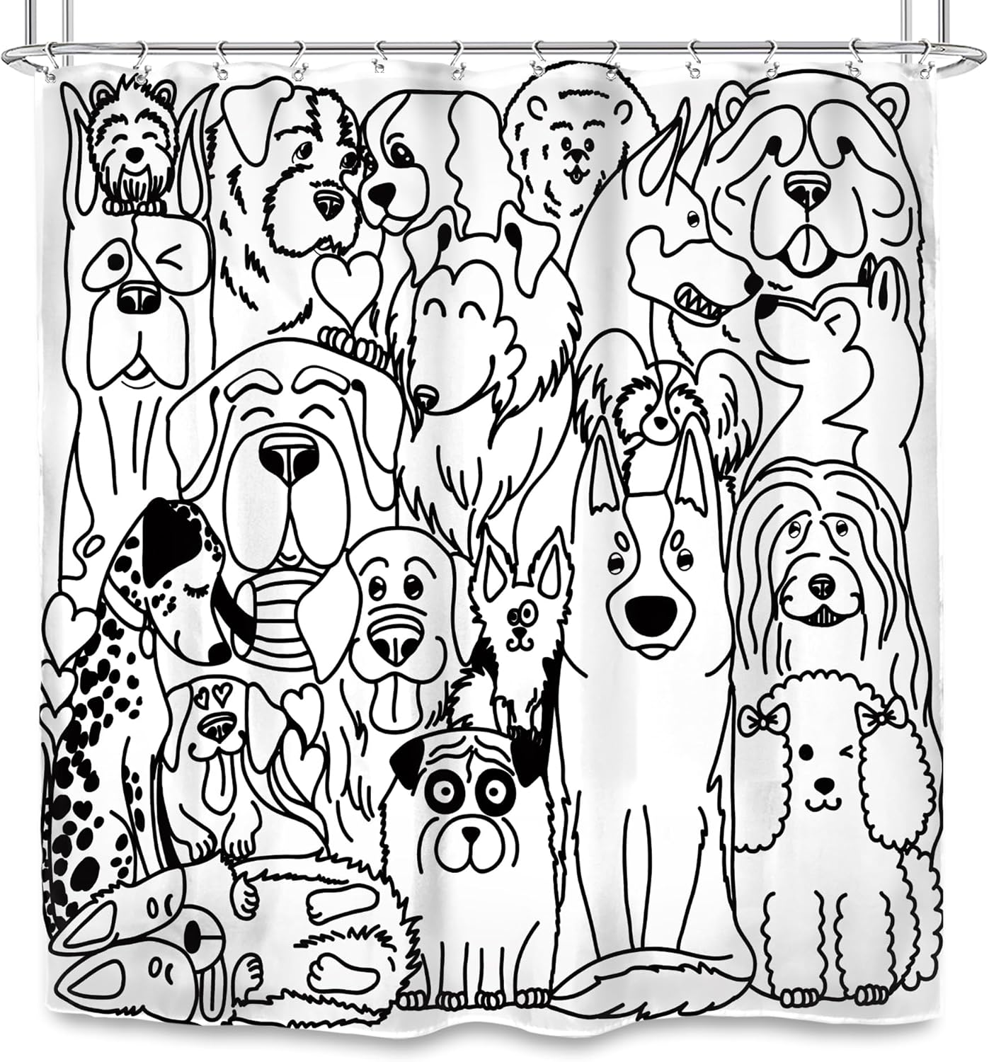SVBright Divertida cortina de ducha con diseño de perro, 72 pulgadas de ancho x 72 pulgadas de largo, diseño de dibujos animados en blanco y negro,