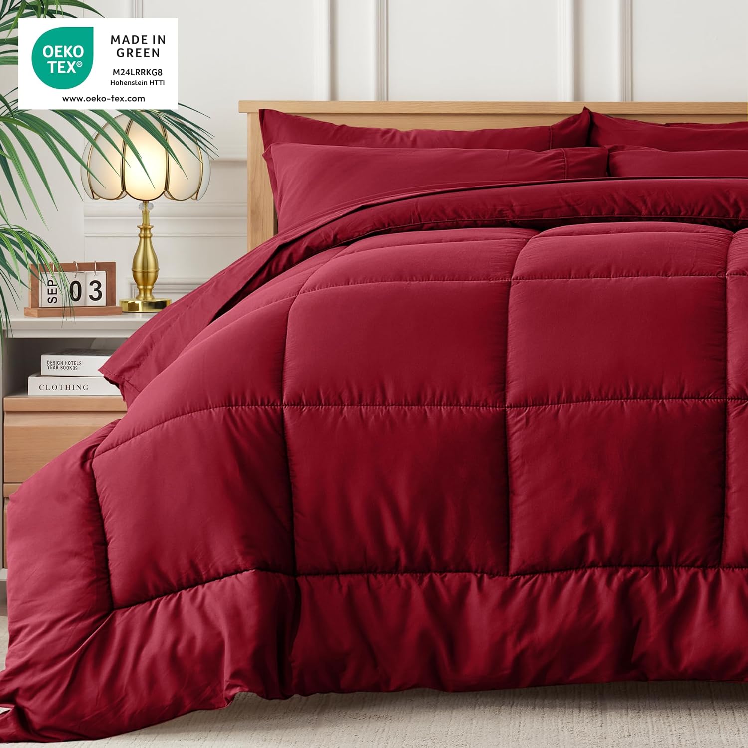 Newspin Cama King en una bolsa – Juego de edredón rojo de 7 piezas, juego de edredón para todas las estaciones con edredón, sábana encimera, sábana