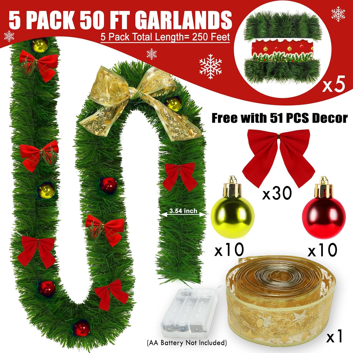 GardenNow Paquete de 5 guirnaldas de Navidad de 250 pies para decoración de Navidad, cinta de Navidad, decoración navideña para interiores y