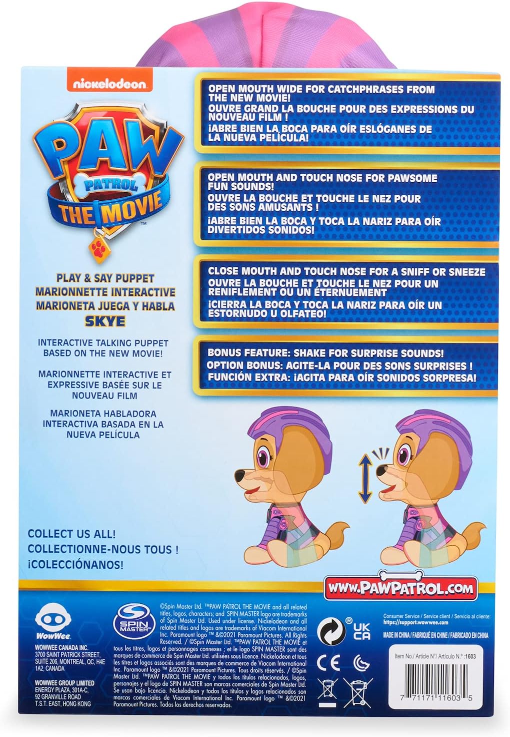 WowWee Paw Patrol The Movie Skye Play & Say Interactive Puppet – Marioneta de mano con sonidos