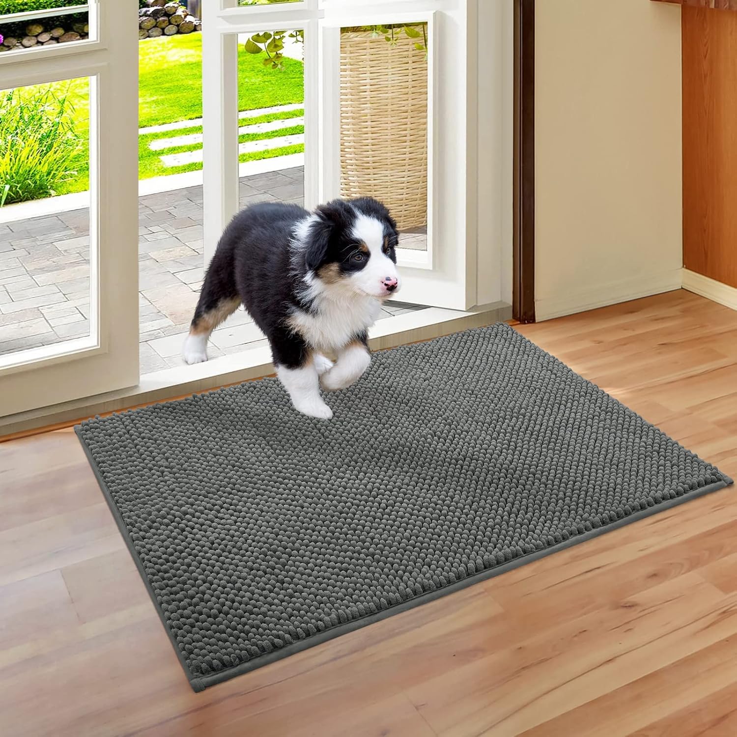 HOMEIDEAS Tapete de felpilla absorbente para interiores, tapete de goma de perfil bajo para entrada, patas de perro fangosas, lavable de bienvenida