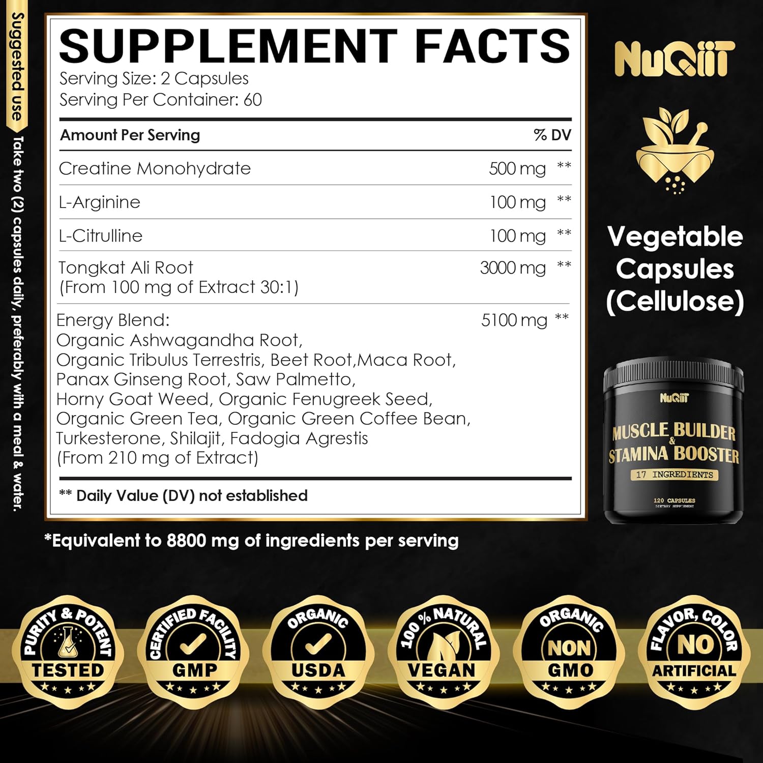 Suplemento de constructor muscular con monohidrato de creatina, 500 mg de raíz de Tongkat Ali de 3000 mg y más, apoya la fuerza, la resistencia y la